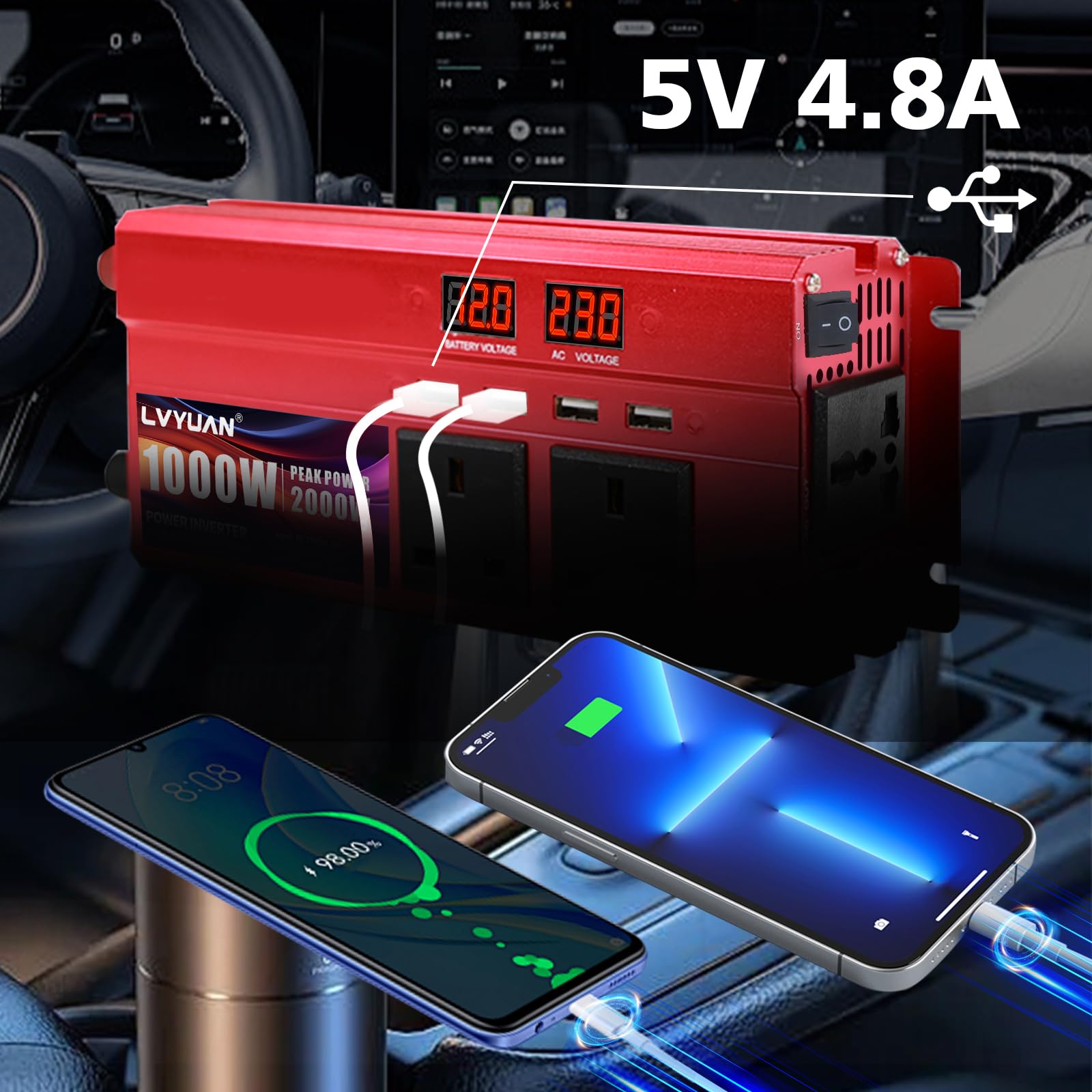 LVYUAN Inversor de 2000 W CC 12 V a 240 V CA, convertidor de coche de 1000