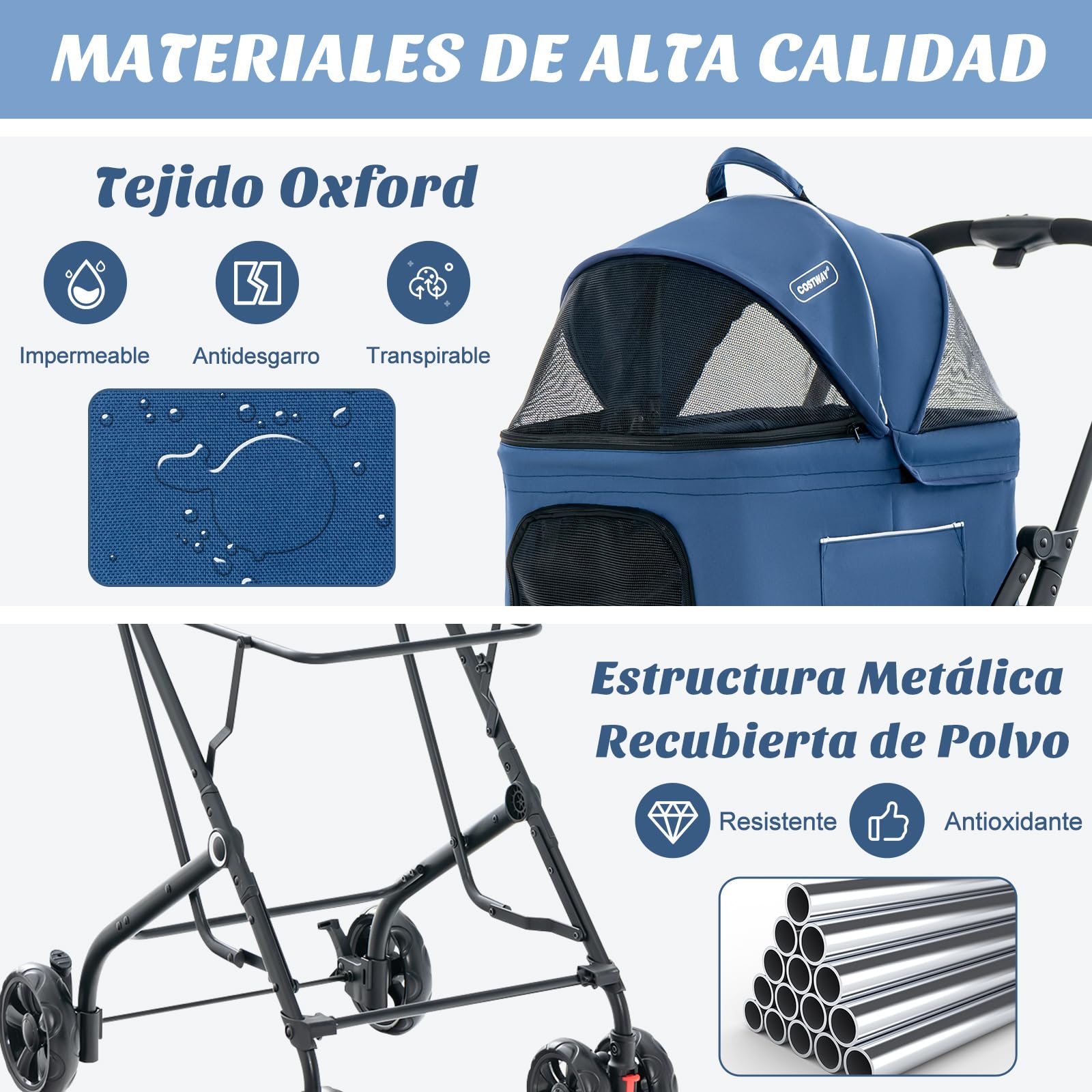 COSTWAY Cochecito para Perros Plegable, 3 en 1 Carrito para 2 Perros o Gatos, con 2 Transportines Desmontables, Cinturón de Seguridad, Cojines Desmontables, Carrito de Viaje para Mascotas (Azul)