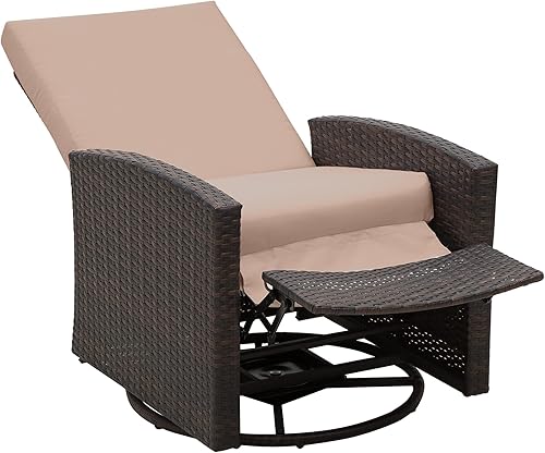 Outsunny Silla reclinable giratoria de mimbre para exteriores, respaldo reclinable, reposapiés elevador, rotación de 360, cojines resistentes al