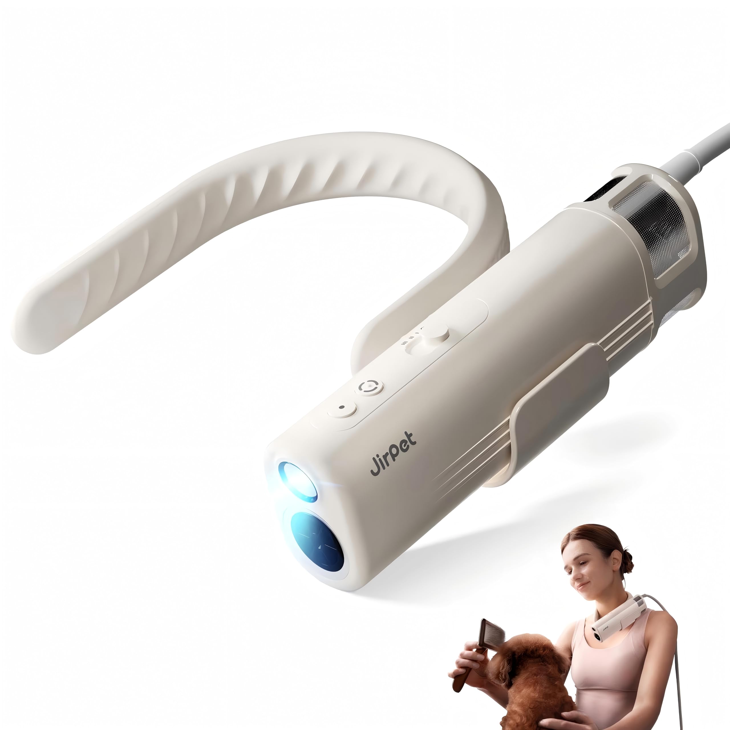 JirPet Sèche Cheveux pour Chien à Accrocher Au Cou, Portable 75 m/s, 3 Vitesses 4 Températures, Toilettage