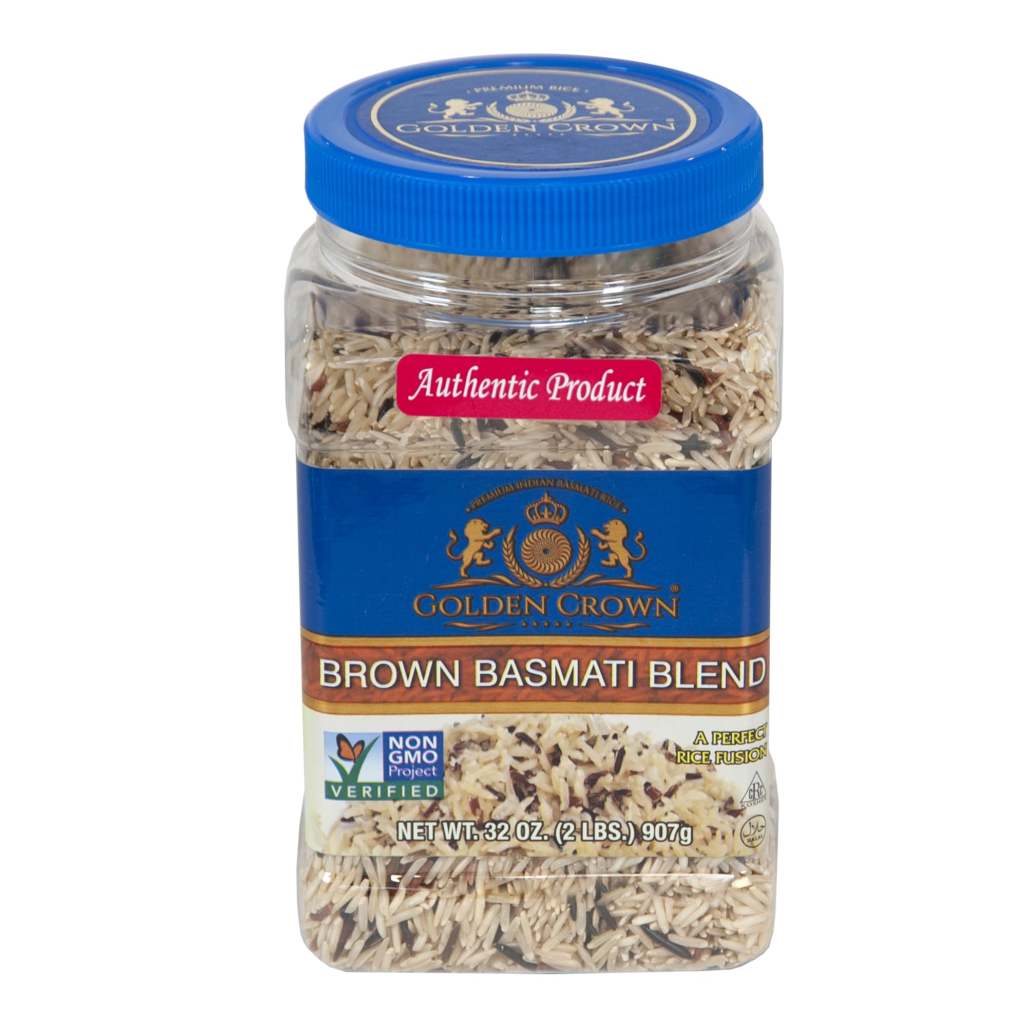 Golden Crown Brown Basmati Blend - 32 oz (2LB) | Premium Quality Non-GMO Project Verified | Gluten-Free, Kosher-CRC & Vegetarian Long-Grain Brown Rice