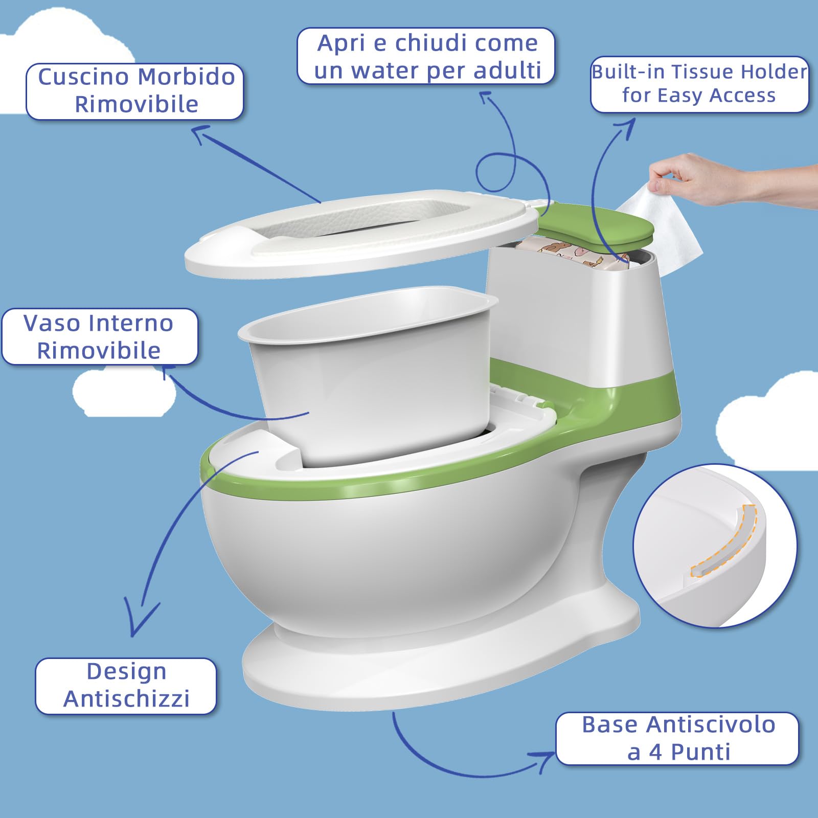 Vasetto per Bambini WC,Vasino Bambini, ragazzi e ragazze, Vasino da Viaggio per Bambini, Antiscivolo, Rimovibile, per Baby da 1 a 3 Anni,Verde