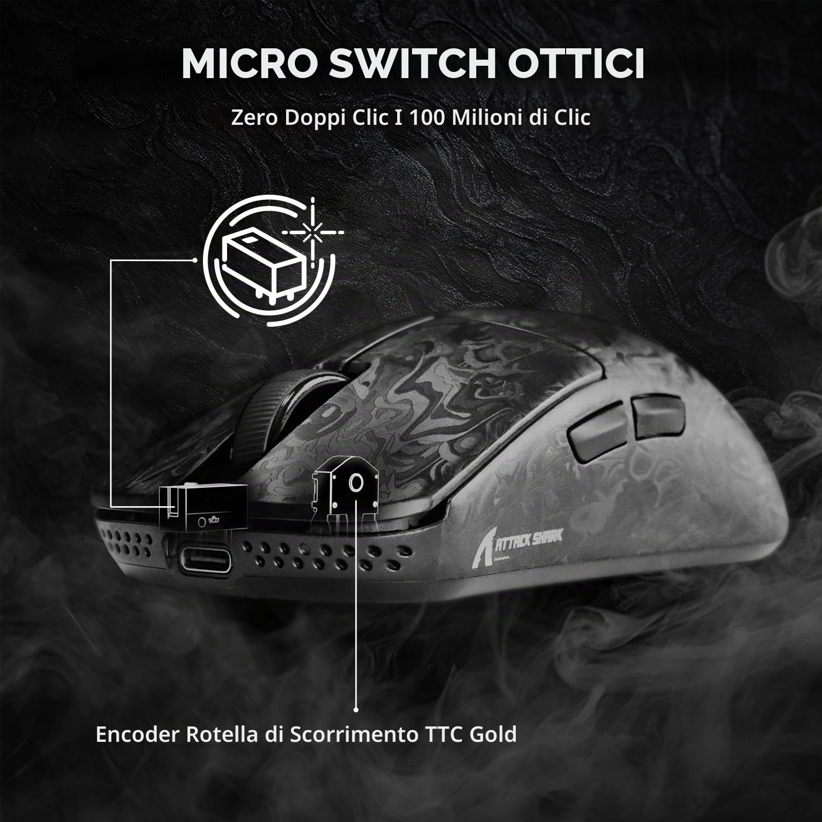 ATTACK SHARK R11 ULTRA Mouse Gaming Wireless 8000Hz in Fibra di Carbonio, 49g SUPERLIGHT, 42000 DPI, 20000 FPS, Nordic 52840, PAW3950MAX, Copristrato Ice-Feel, BT/2.4G/Cabalto, PC/Mac, Nero Forgiato