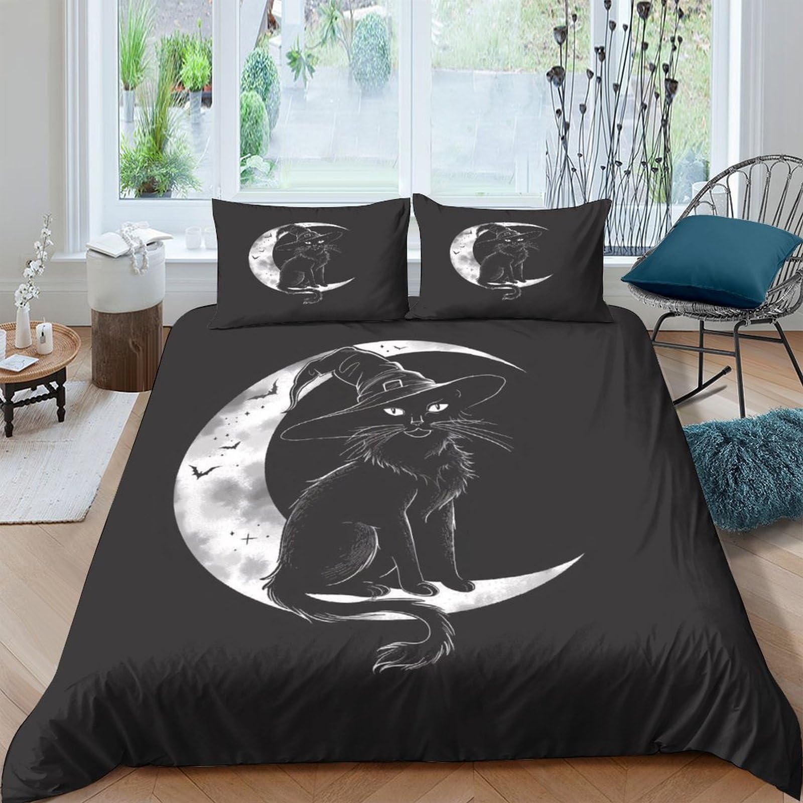 Ctjqhvkz Style-10 3D Printed Black Cat Moon Fitted Sheet Microfiber Soft Breathable Gothic Bedroom Bed Cover Mattress Protector Single（135X200cm）