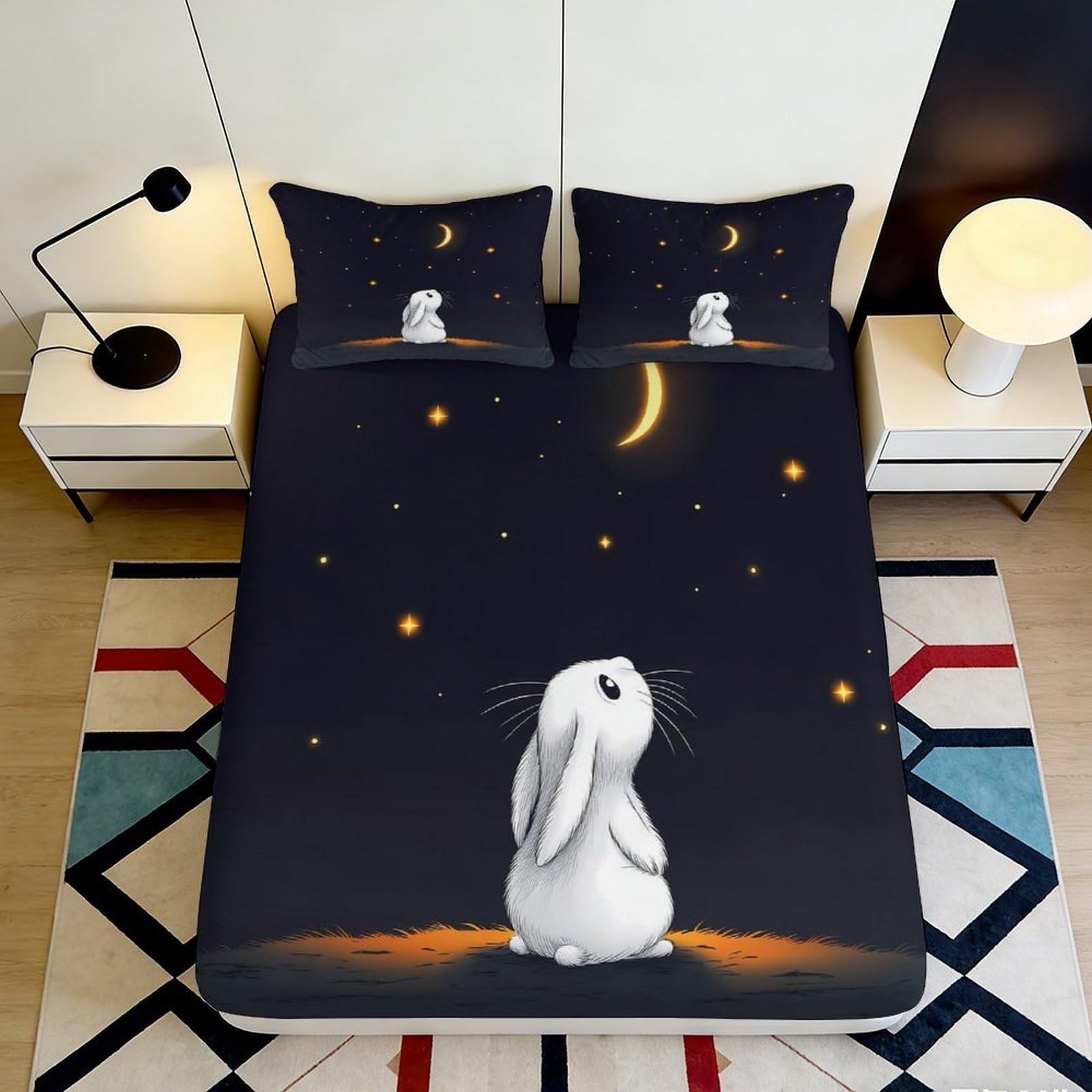 3D Printed Cute Bunny Fitted Sheet Microfiber Non-Slip Deep Pocket Bedroom Bedding Moon Star Mattress Fitted Cover Washable Full Wrap 200x200x25cm