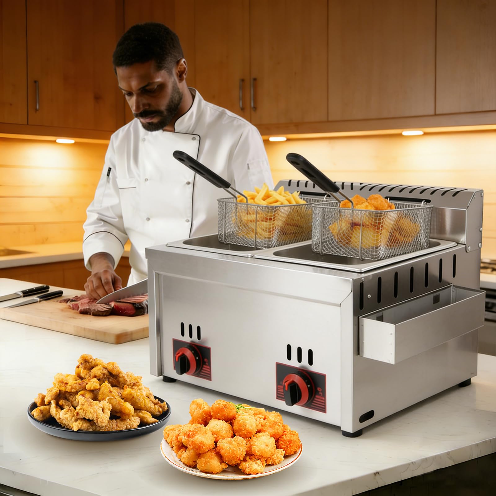 Friggitrice a Gas Commerciale, Doppia Friggitrice a Gas 6L+6L con 2 Cestelli e 2 Coperchi, Temperatura Regolabile, Riscaldamento Rapido per Uso Commerciale e Domestico, Ristoranti e Snack Bar