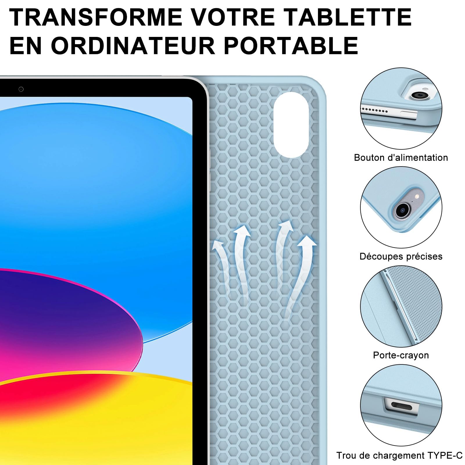 IVEOPPE Coque Clavier pour iPad A16 11/10ème Generation (11 Pouces 2025/10.9 Pouces 2022), Étui Keyboard AZERTY Layout sans Fil Bluetooth avec Porte Crayon, Bleu Azur