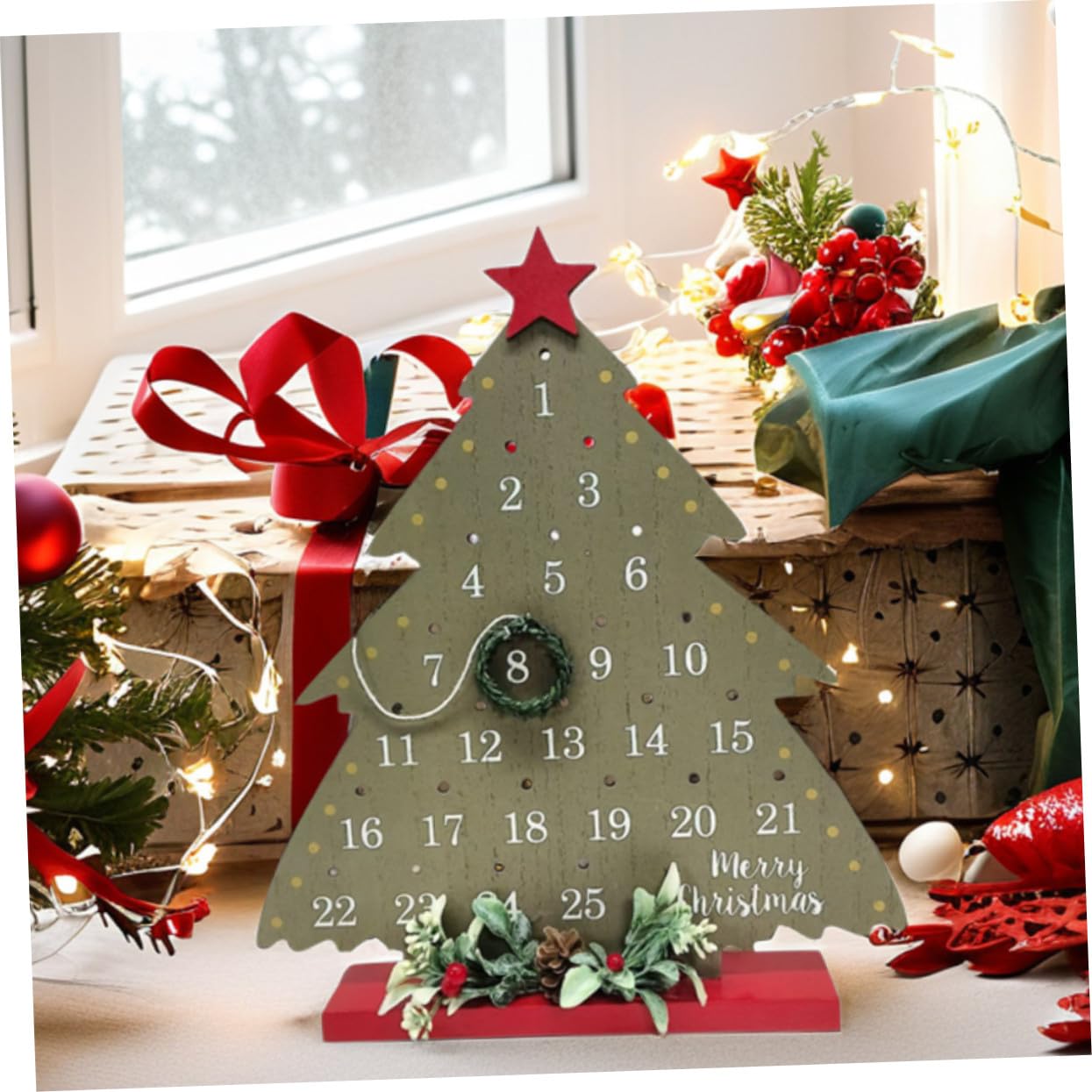 Toyvian Calendario Avvento Natale in Legno con Decorazione Albero Rustico da Tavolo Segnale Conto alla Rovescia Festivo per Casa Ufficio e Negozi Ornamento Natalizio Multiuso