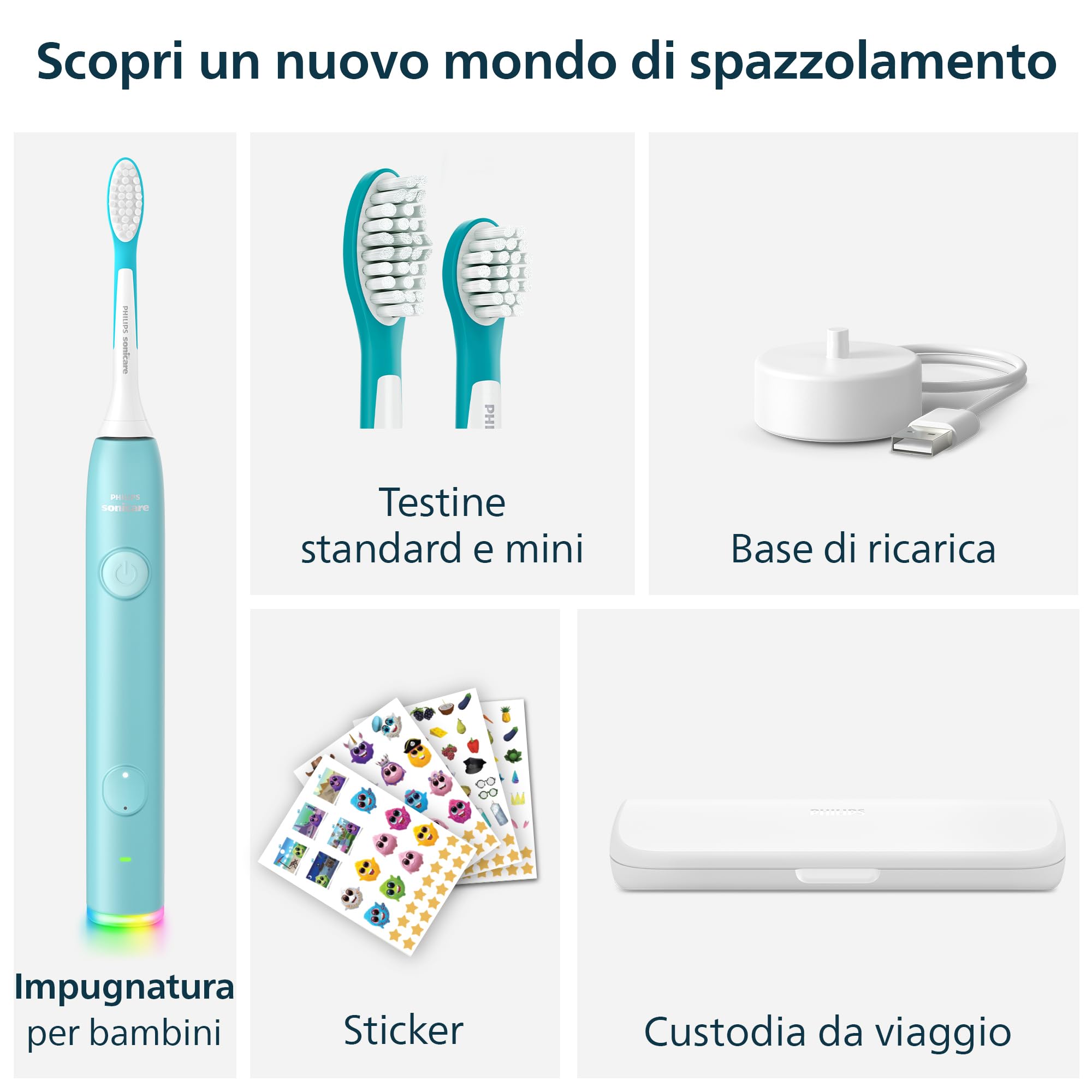 Spazzolino elettrico sonico smart Philips Sonicare for KidsCon app, dai 3 anni in su, 2 modalità delicate, timer da 2 minuti con luci e suoni, 2 testine, verde acqua, modello HX6600/13
