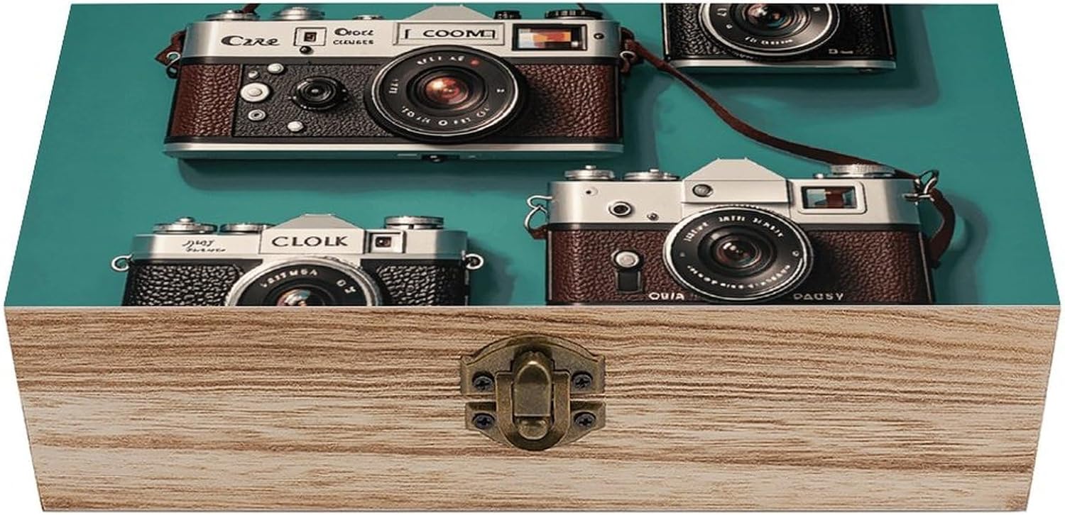 Retro Cool Camera Collection Wooden Keepsake Box Memory Box Jewelry Letters Rustic Memento Storage Boxes with Hinged Lid for Wedding, Anniversary, Birthday, Graduation & Retirement Gifts