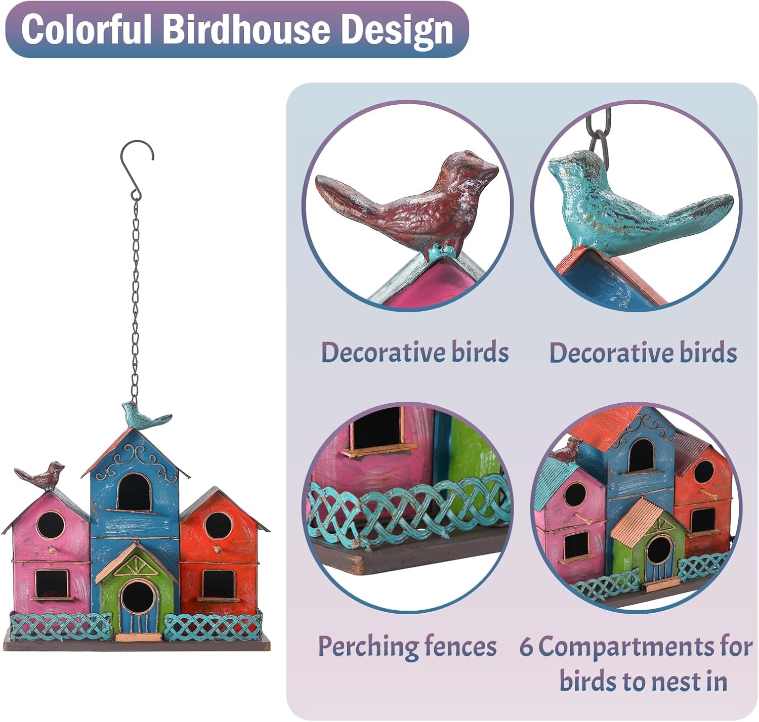 Metal Bird Houses for Outside Hanging, Large Bird Houses for Outdoors with 4 Compartments for Birds to Nest in, Colorful Birdhouse with Easy Clean Back Doors, Escape Holes & Ventilation