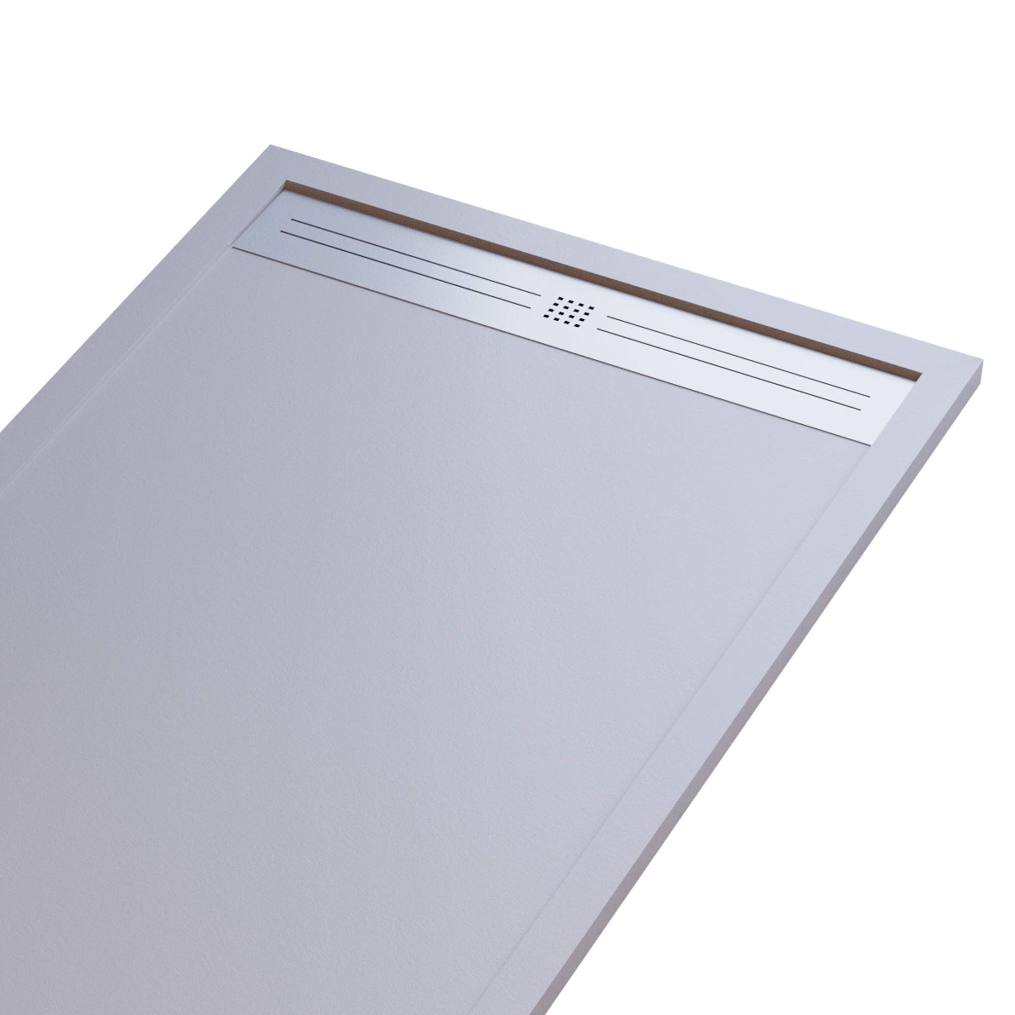 Plato de ducha Mineralmármol efecto piedra pizarra – Modelo Moon – mármol de resina con gel – Rejilla lateral de acero inoxidable – Color gris claro – 80 x 120 cm