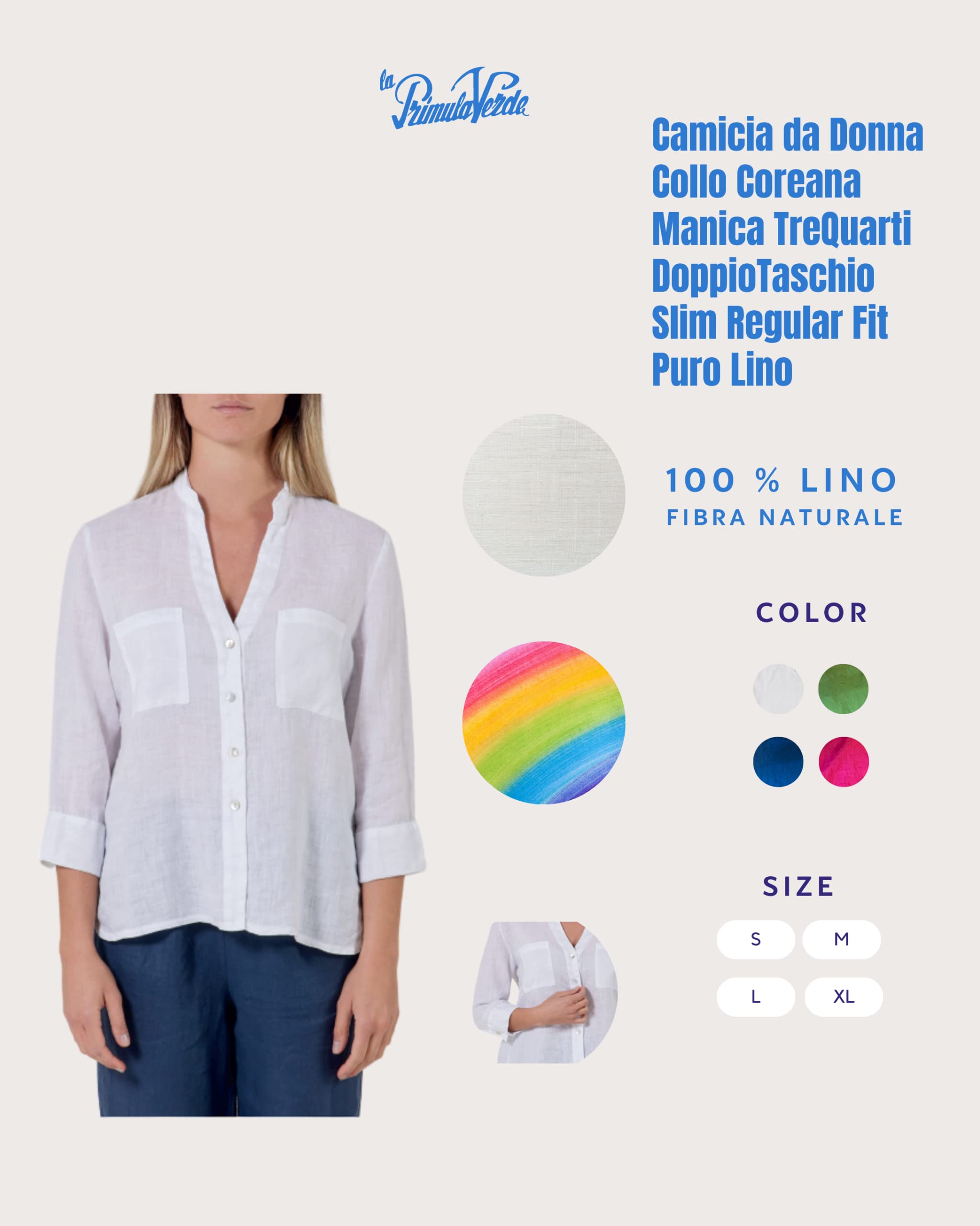 Damenhemd aus reinem Leinen, koreanischer Kragen, doppelte Tasche, 3/4 Ärmel, S bis XL, Regular Slim Fit in vier Farben, Weiß, Blau, Rosa, Grün, Weiß, Large