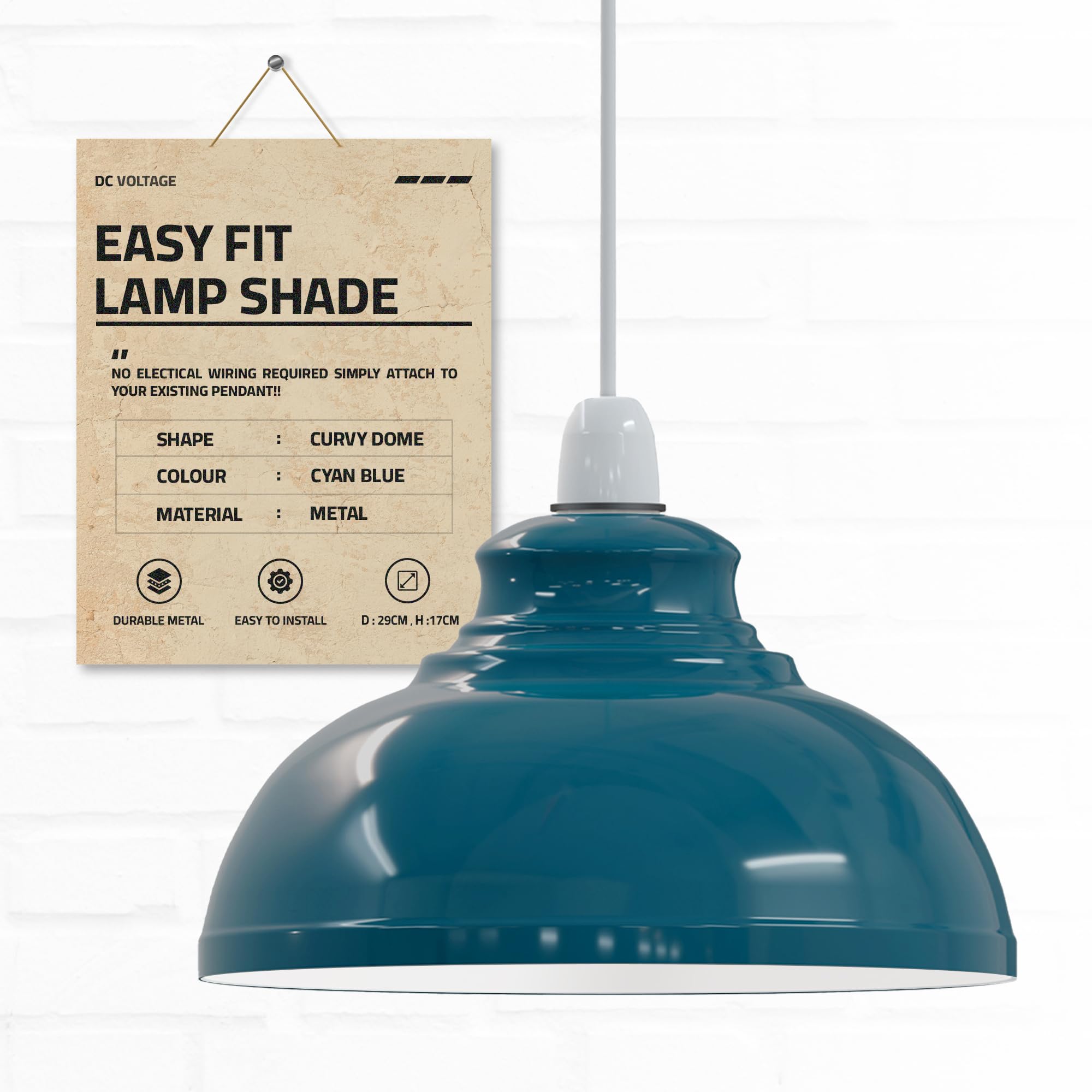 Dc Voltage Cyan Blue Industrial Ceiling Pendant Light Shades Retro Style Curvy Dome Shaped Lamp Shades Metal Easy Fit Ceiling Pendant Light Shades For Light Fixtures (Cyan Blue)