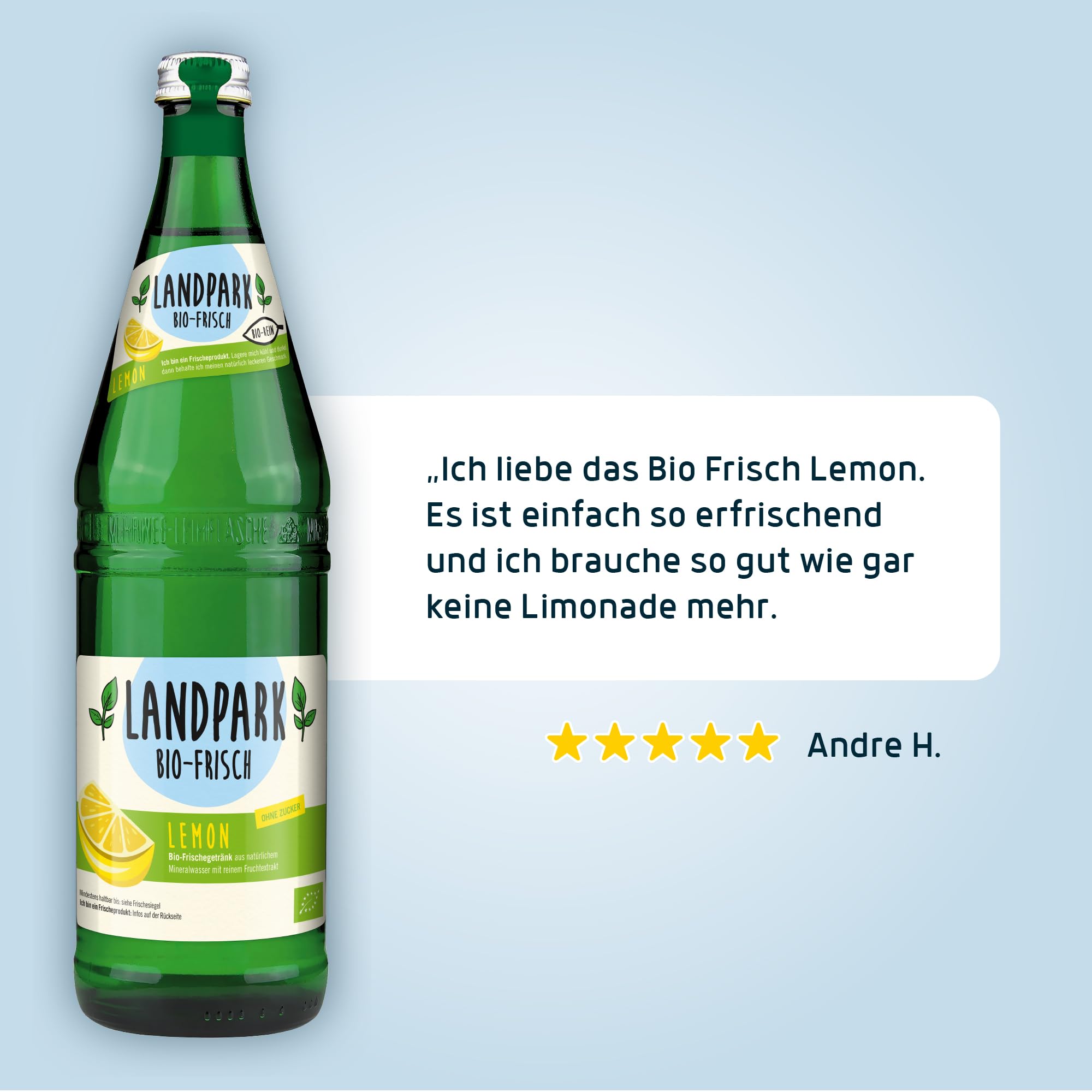 Landpark Bio-Erfrischungsgetränk Lemon, 18 x 0,75 L in der Glasflasche | ohne Zucker und Süßungsmittel | mit Kohlensäure | Wasser mit Geschmack | Ideal auch für Kinder und Diabetiker