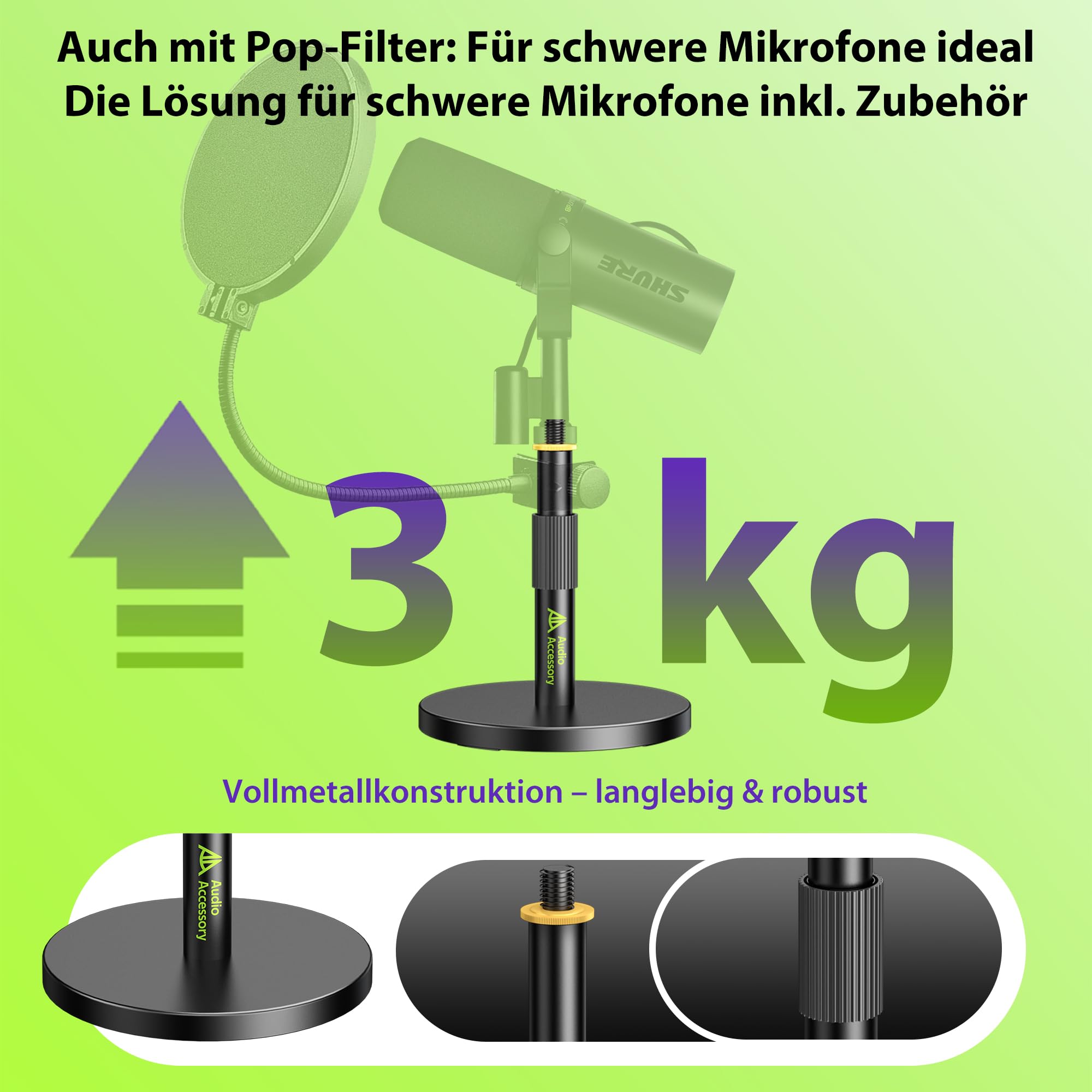 AA AUDIO ACCESSORY Mikrofonständer Tisch, Ultra-Niedrige 12,7cm Höhenverstellbar, 3kg Tragfähigkeit, Vollmetall Mikrofon Tischstativ für Shure SM7B SM7dB MV7+, Fifine, Blue Yeti Snowball, Rode PodMic