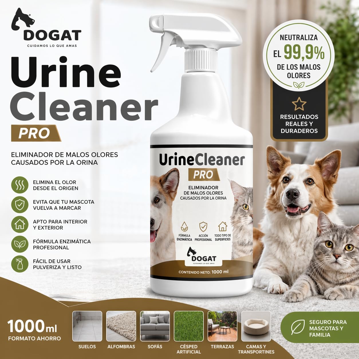 Eliminador Olor Orina Perro y Gato 1000 ml | Neutralizador Profesional de Malos Olores de Mascotas | Spray Limpiador Enzimático para Sofá, Suelo, Alfombra, Terraza y Césped Artificial
