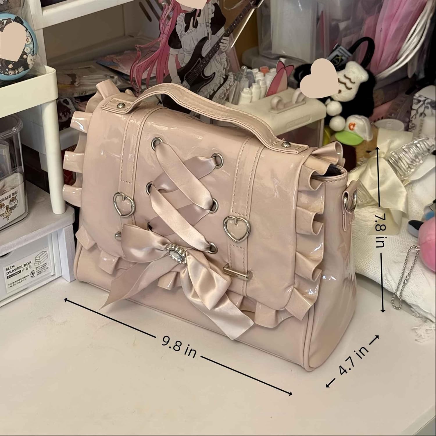 Bow Purse Cutecore Backpack, Satchel Crossbody Japanese Bag with Ruffle, Jirai Kei Coquette Shoujo Girl Gothic Lolita Fashion