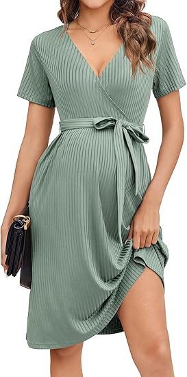 Ekouaer Women Short Sleeve Maternity Nursing Dress Casual V Neck Breastfeeding Loungewear Ribbed Knit Pregnancy Dresses S-XXL
