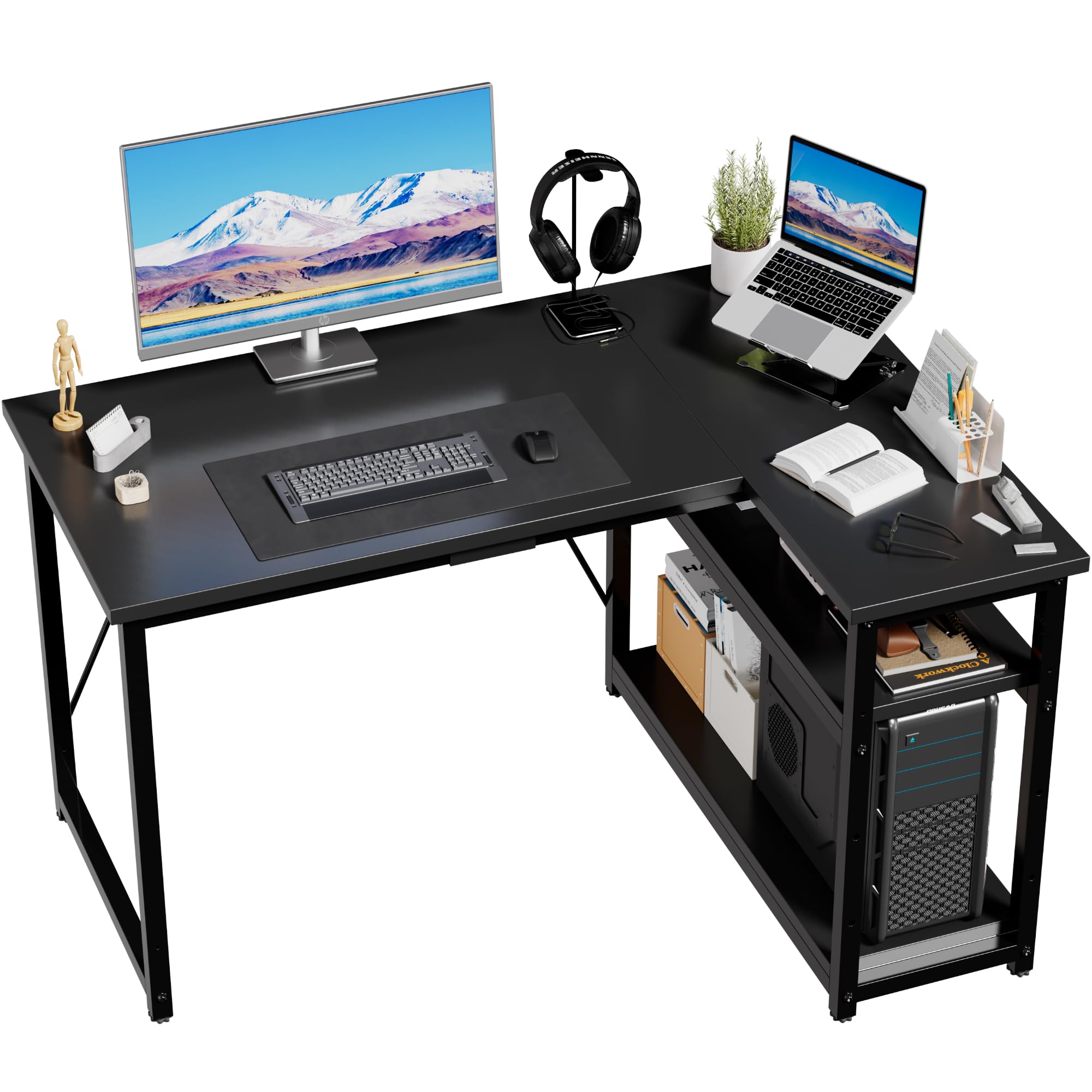 Bureau d'angle en L JUMMICO avec séparateurs amovibles et étagères, design moderne noir