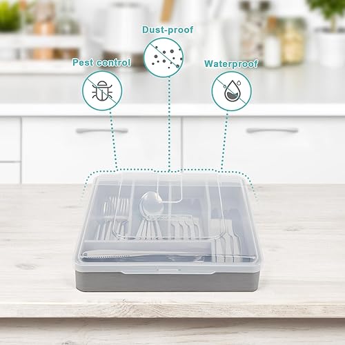 Miniatura 2 de Soporte para utensilios para encimera con tapa, bandeja de cubiertos de plástico para cajón, organizador de cubiertos de 5 compartimentos, gris