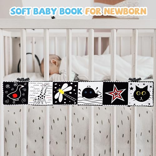 Miniatura 5 de Libro de alto contraste en blanco y negro, juguetes para bebés de 0 a 6 meses, libro de tela para bebé, juguetes para el tiempo boca abajo, juguetes