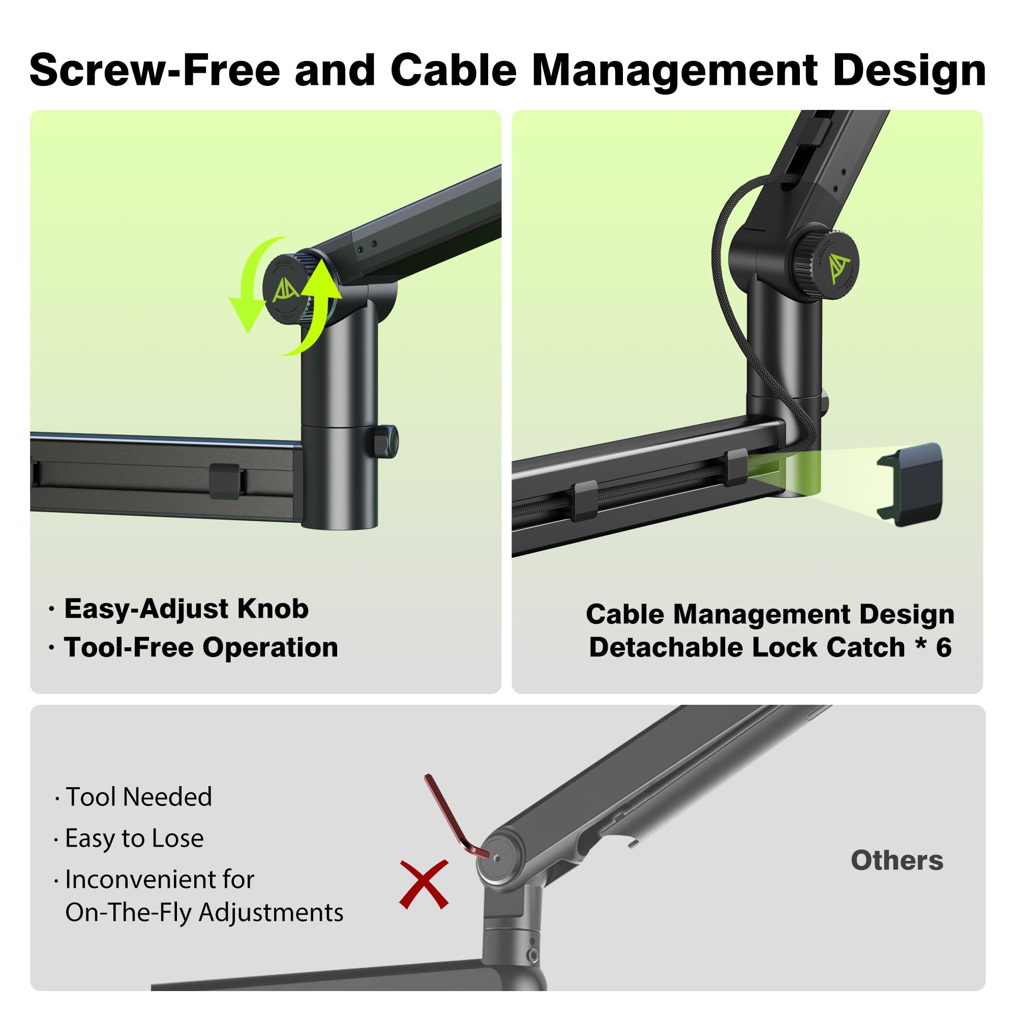 AA AUDIO ACCESSORY Bras de micro profil bas (conçu pour micros lourds) - Capacité 3 kg - Structure de verrouillage stable - Support de bureau métallique pour Shure SM7B, MV7+, Blue Yeti, Rode PodMic