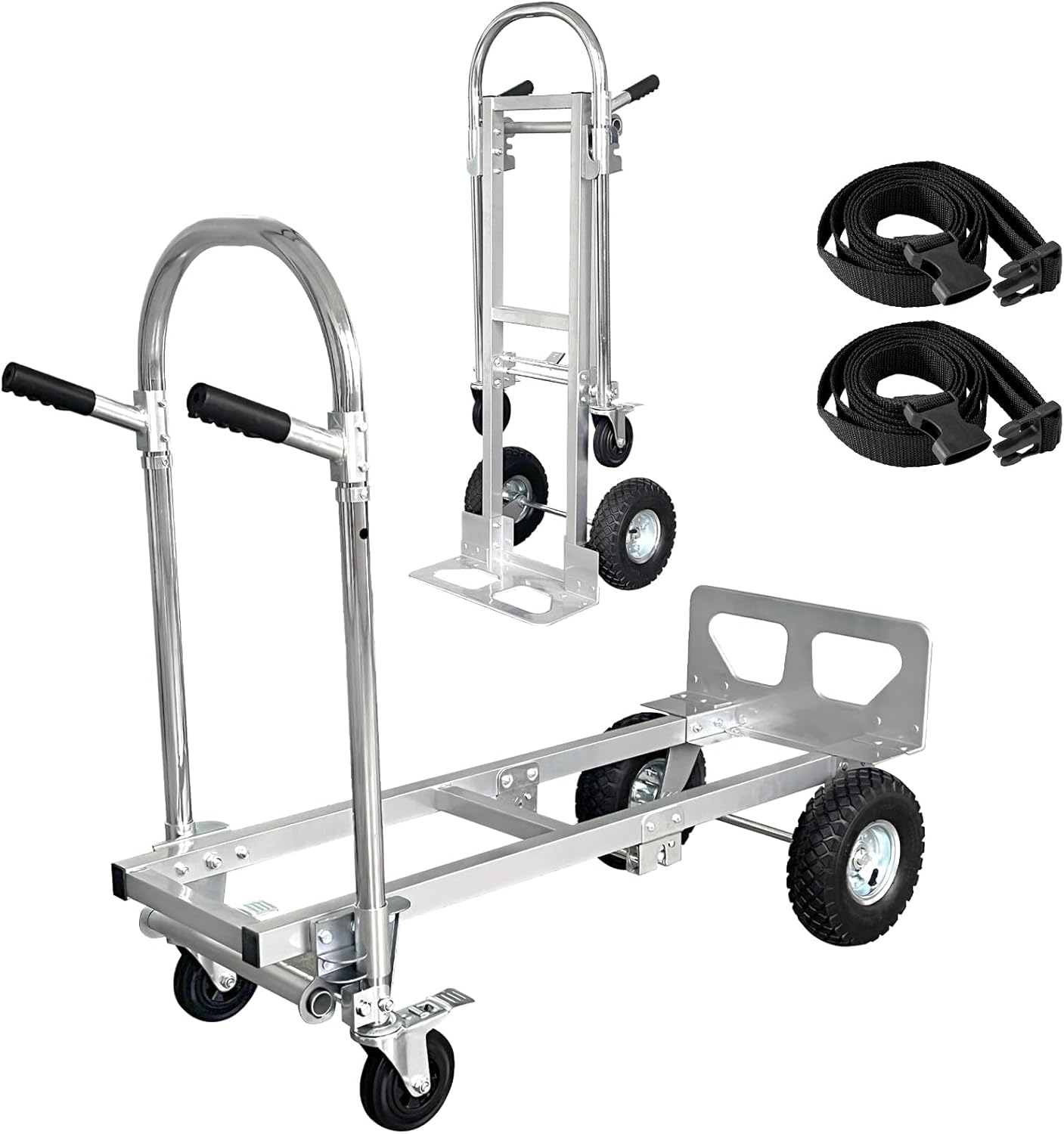 Silver Convertible Hand Truck Dolly Cart with Wheels Heavy Duty, 1000 Lbs Capacity, 2 Straps for Moving Furniture/Appliance/Carton/Warehouse/Office/Easy to Follow Video to Install