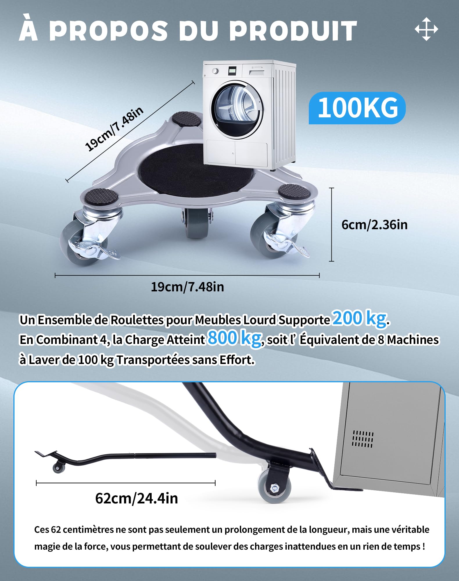 Kit Sollevatore Mobili Con Ruote – Fino A 800 kg, Ruote Per Mobili Pesanti Con Rotelle Girevoli A 360° E Freno, Per Spostare Mobili, Frigorifero E Lavatrice