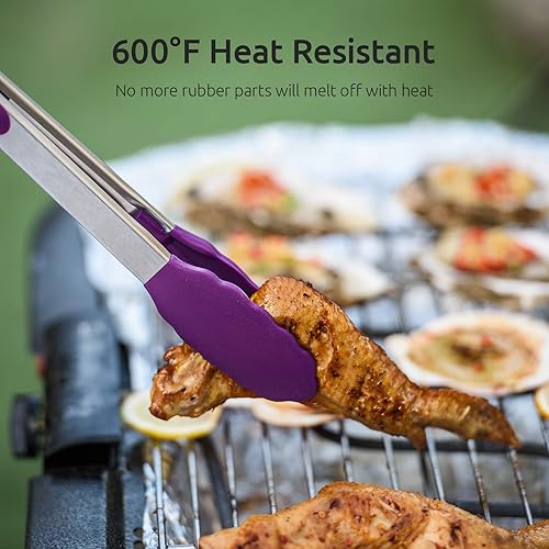 Miniatura 5 de U-Taste Juego de tazas y cucharas medidoras de acero inoxidable 188 y juego de pinzas de cocina de alta resistencia al calor de 600F (morado)