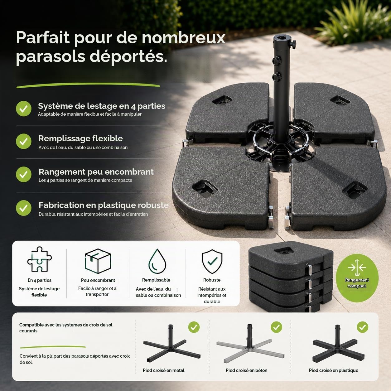 Pied de parasol pour parasol déporté - Poids remplissables pour croix de sol en plastique - Pied de parasol pour parasol - Pied de parasol déporté (4 pièces jusqu'à 80 kg, plastique)