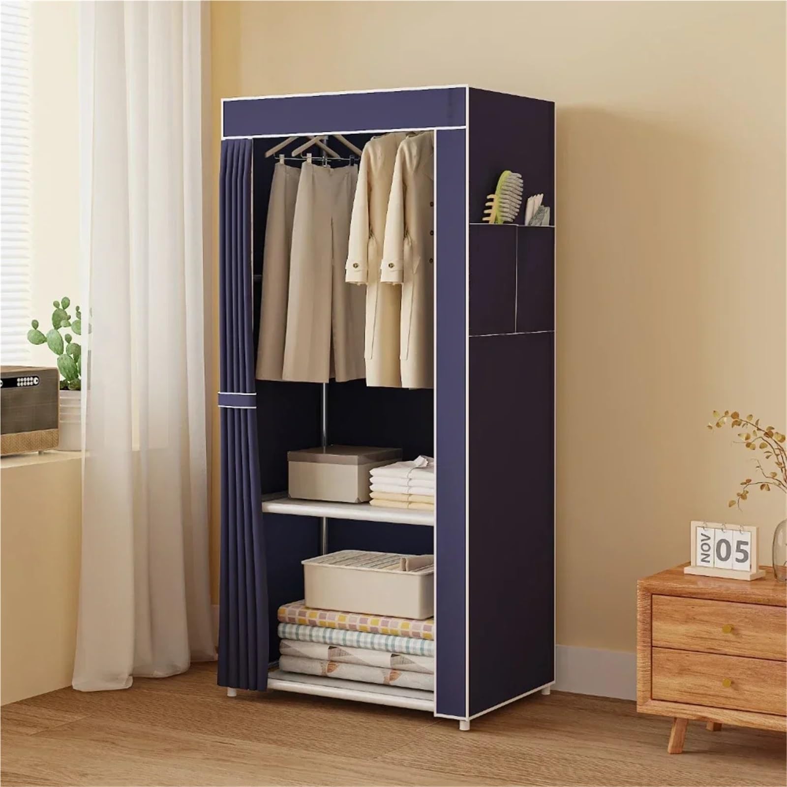 Armario Tela Armario de Tela, Armario Almacenamiento Montaje Simple, Ropa Multicapa, Colgador Plegable a Prueba Polvo for Dormitorio(Dark Blue)
