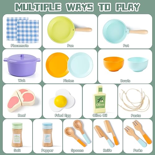 Miniatura 5 de Juguetes de cocina de madera para niños pequeños, accesorios de cocina Montessori, juegos de comida para niños, juegos de cocina, ollas y sartenes,