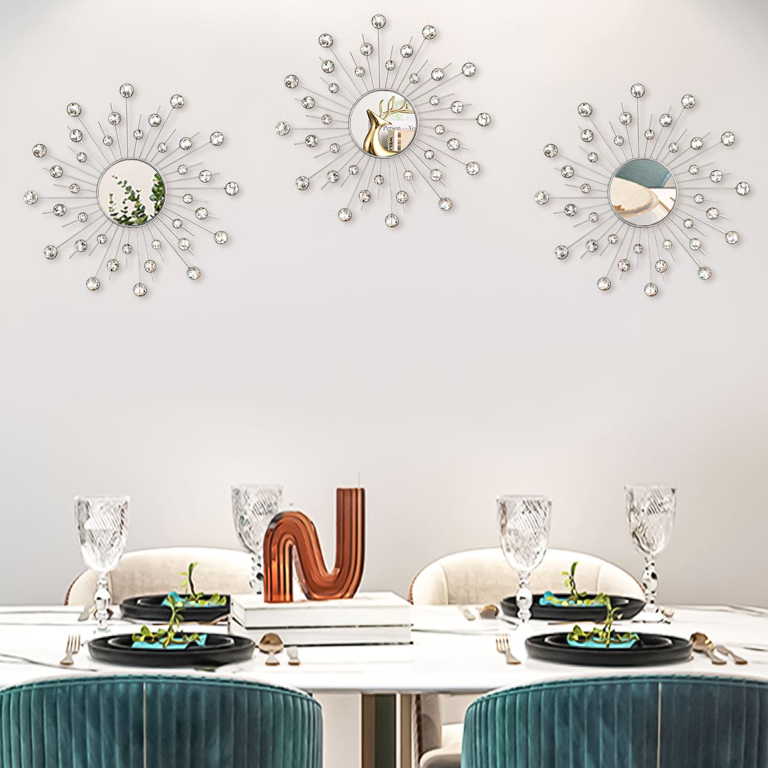 Uaussi Kristall-Sonnenspiegel, Dekoration, Strass-Spiegel, dekorative Wandkunst für Wohnzimmer, Schlafzimmer, Eingangsbereich, 3 Stück (Kristalle, Silber)