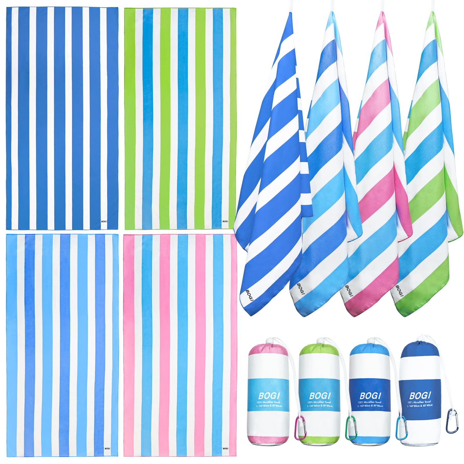 BOGI 4 Pack Microfiber Large Beach Towel for Adult, Quick Dry Lightweight Recycled, Sand Proof & Compact Absorbent for Travel Bath Swim Yoga (L:165cm*80cm+40cm*40cm-4 Pack)