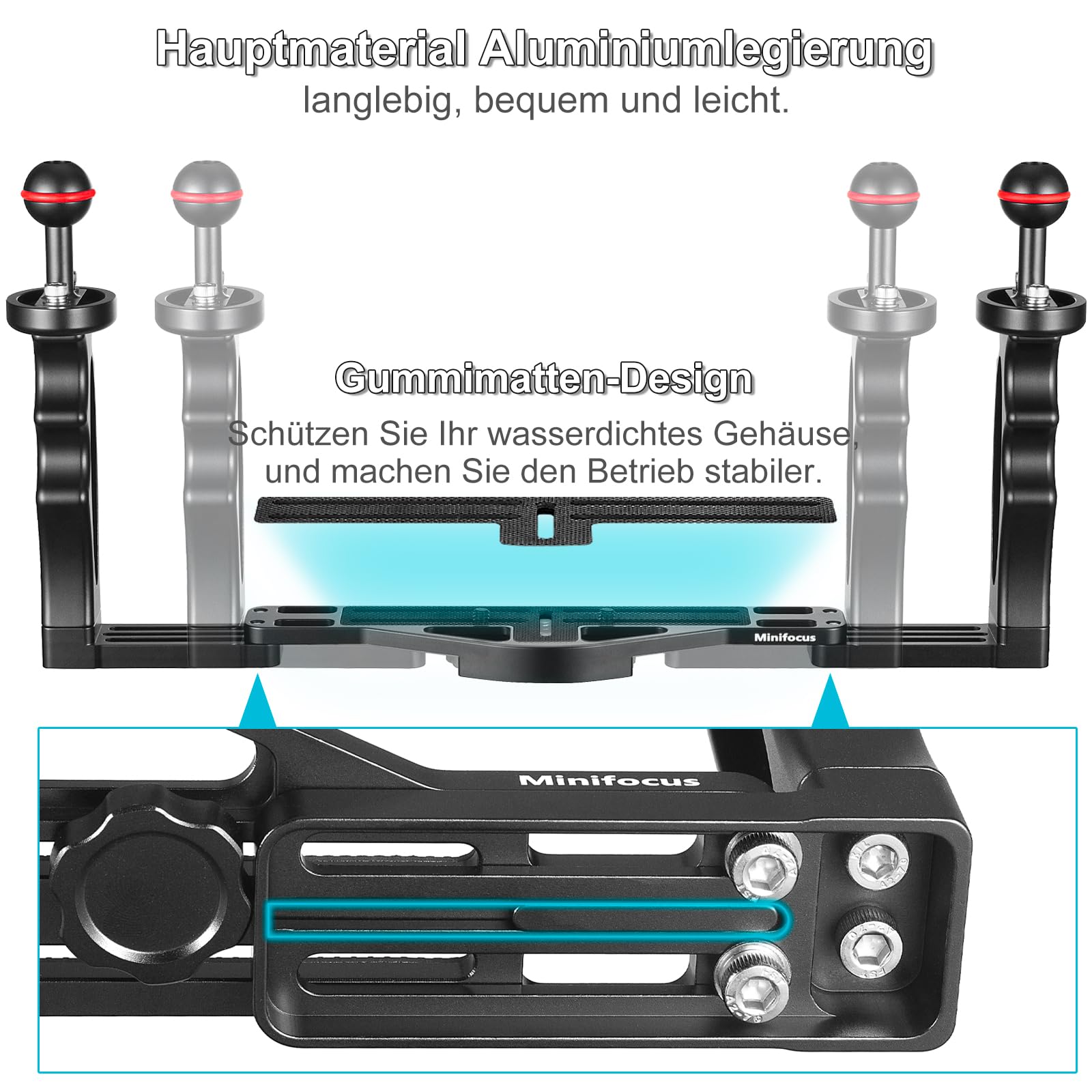 Unterwasser-Kamera Handle Tray Bracket, Dual Handle ausziehbare Aluminiumlegierung Video-Stabilisator-Halter mit 2 1-Zoll-Kugelklemme Mount für Unterwasser-Kamera tauchen Gehäuse
