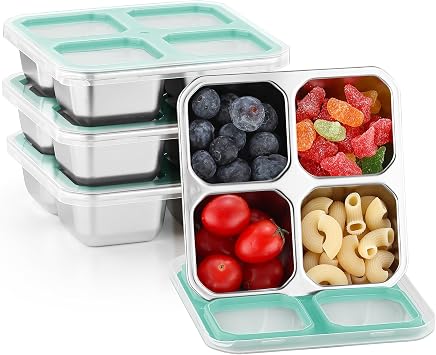 BEFOY 4 Pack Stainless Steel Snack Containers with Lids, 4 Compartment Snackle Bento Lunch Box, Leak-Resistant Food Storage for Kids Adults Portion Control, Dishwasher Safe, 20 oz BLUE, 4