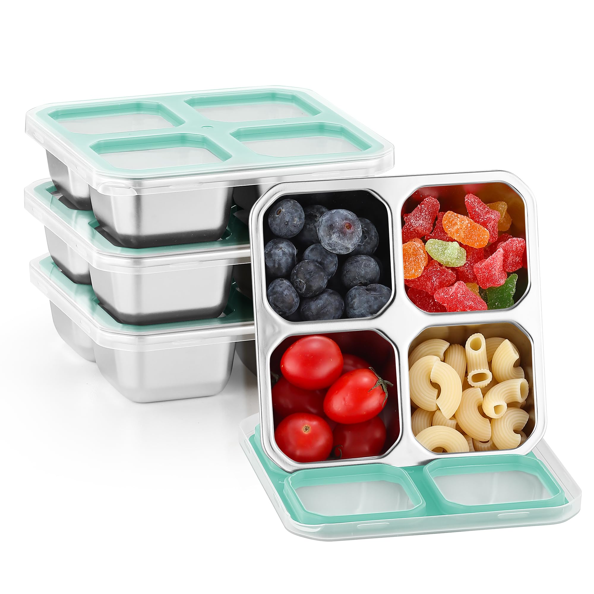 BEFOY 4 Pack Stainless Steel Snack Containers with Lids 4 Compartment Food Storage Containers for Adults & Kids Meal Prep Containers Reusablele (BLUE,