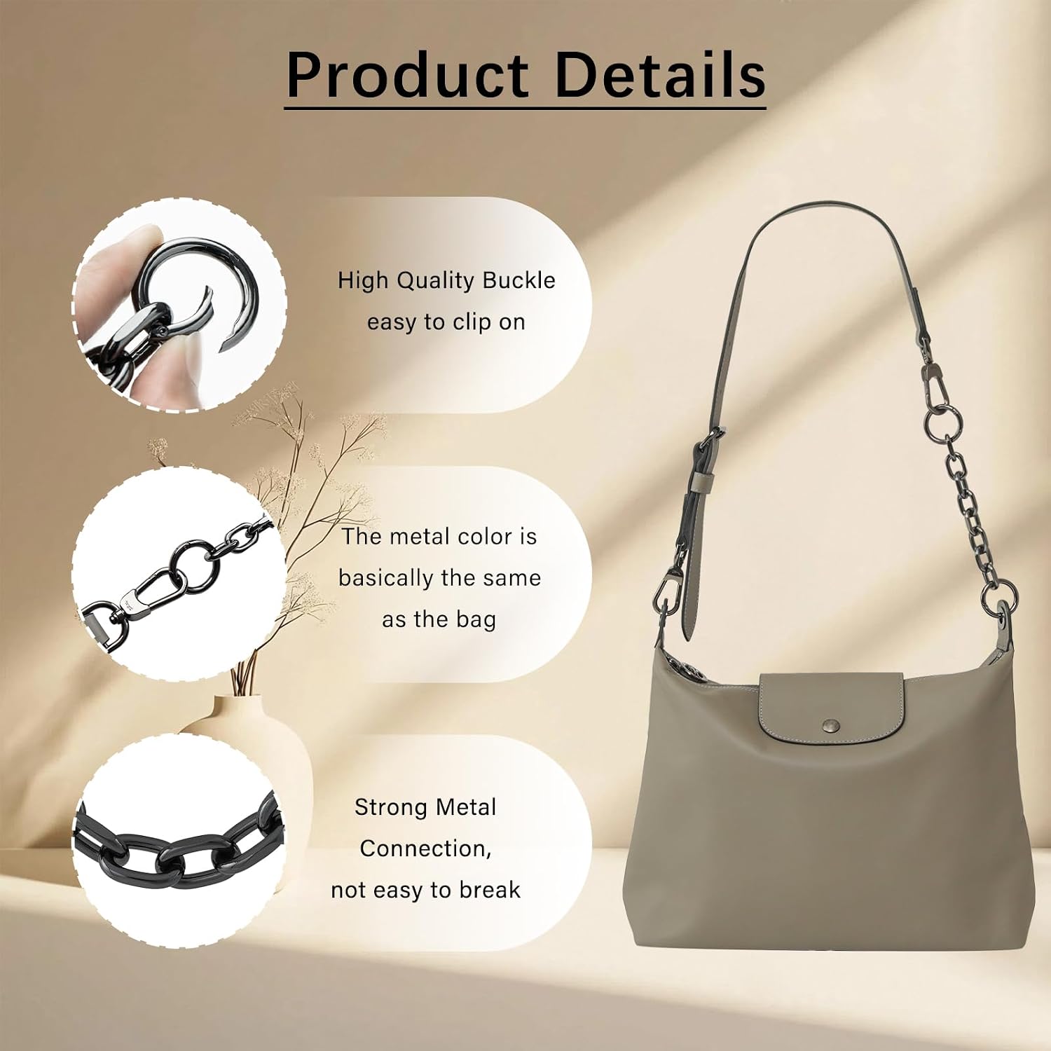Neylissia 3Pcs Grey Purse Extender Chain Compatible with Longchamp/Lv/C.oach and More Bag,Bag Charms for Long Champ,Metal Bag Strap Extender with Round Ring Charms, Replacement Chains for Luxury Bag image 4