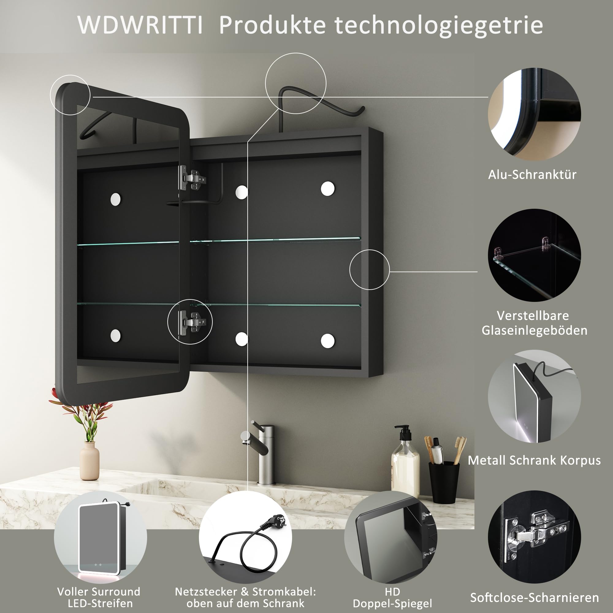 Spiegelschrank Bad mit Beleuchtung 50x70 cm Badezimmerschrank