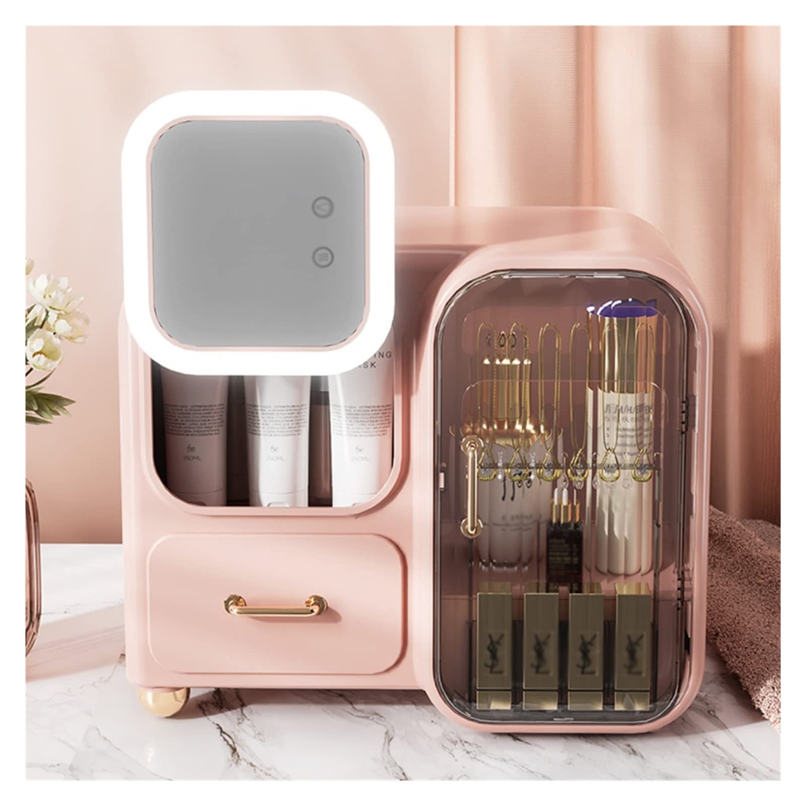 WIGSELBL Multi-Function Case Cosmetic Storage Box with LED light,Cosmetics Skin Care Products Jewelry Organizer Case Finishing Box Bedroom Desktop,Portable Skincare Organizers ( Color : Pink )