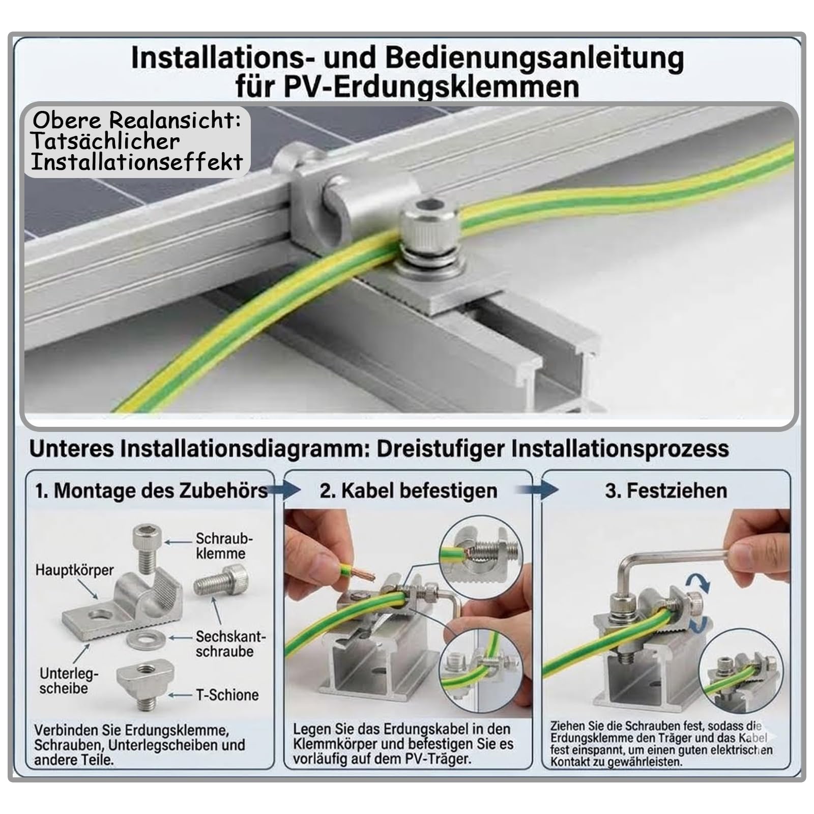15 Stück Solarpanel Erdungsclips - Aluminium PV-Modul Erdungsklemme Set, Universelle Photovoltaik Erdungsösen für Schienensystem & Solarmodul Montage, Unterkonstruktion Zubehör