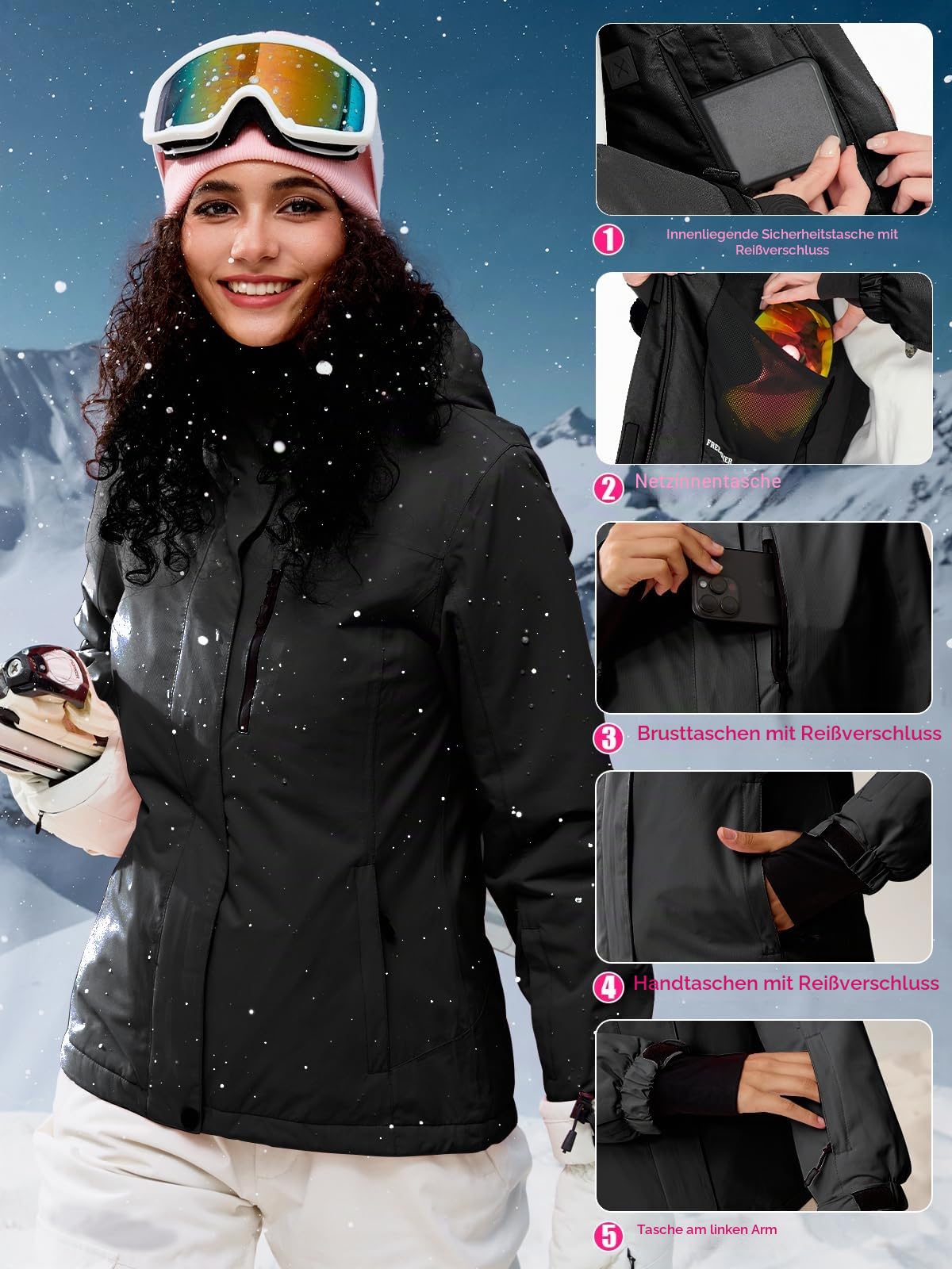 FREE SOLDIER Damen Winterjacke Wasserdicht Atmungsaktiv Warme Fleece Gefütterte Ski Jacke Outdoor Winterregenjacke mit Kapuze und Vollständig Versiegelte Nähte