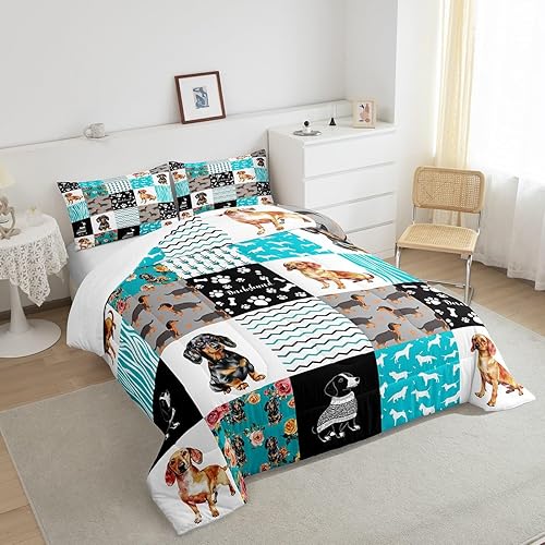 Miniatura 5 de Lindo juego de edredón de perro salchicha para niños y niñas, preciosa ropa de cama para cachorros, tamaño Queen, edredón Kawaii con patas de perro