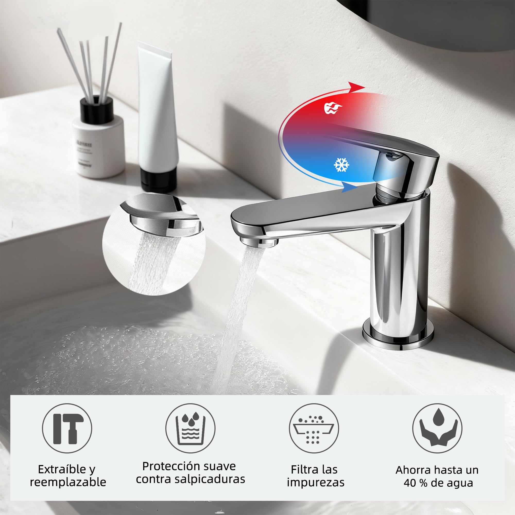 BELZ Grifo de Baño, Grifo de Baño Monomando para Lavabo, Grifo Mezclador de Latón Sólido, Ahorrador de Agua y Duradero, Cromado