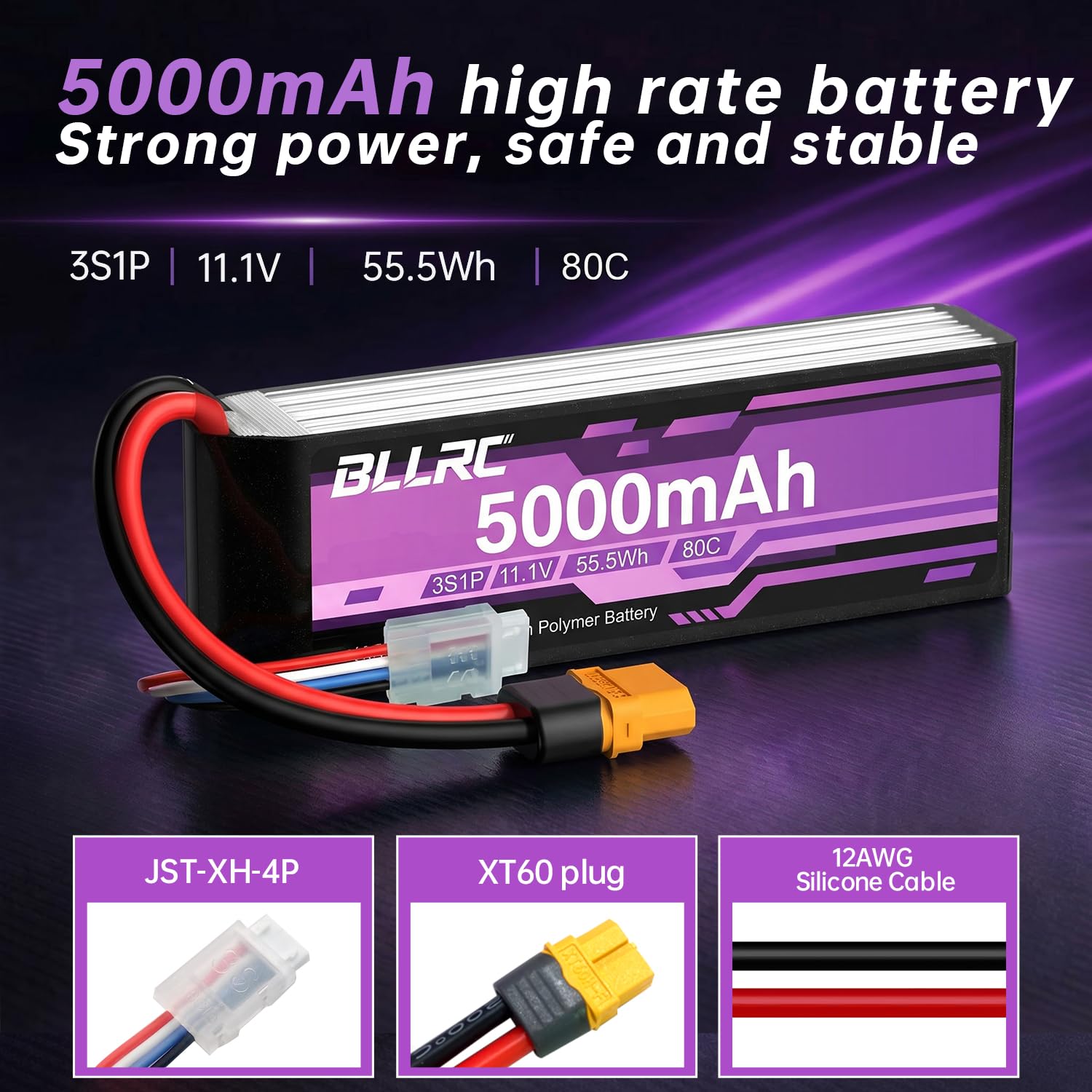2PCS 11.1V 5000mah 3S 80C Lipo batería con Conector XT60 para Coches RC, vehículos Todoterreno, cuatrocópteros y Drones