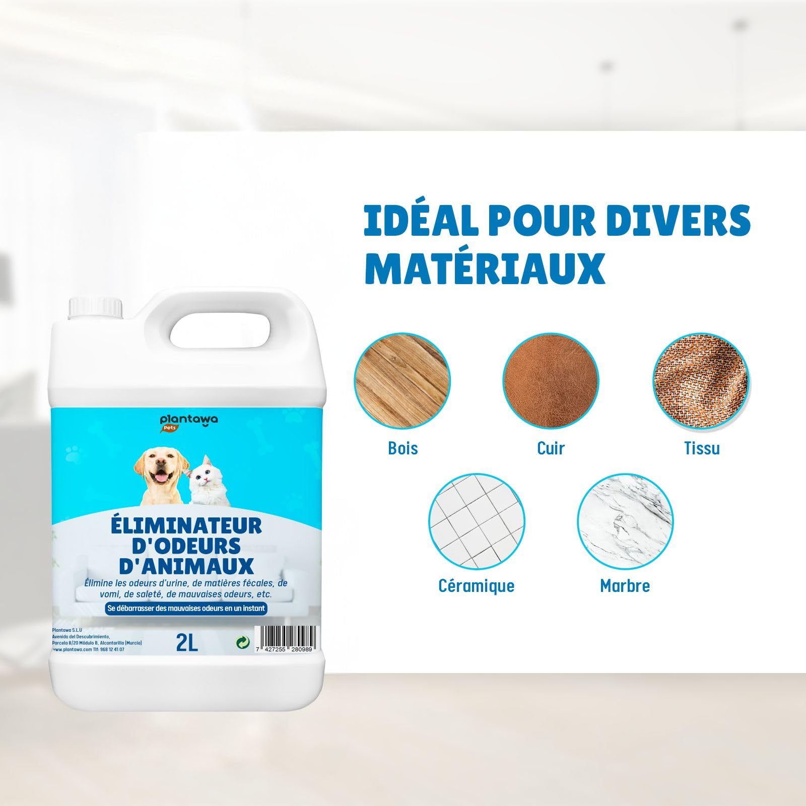 PLANTAWA Éliminateur instantané d'odeurs d'animaux domestiques 2L. Neutraliseur Enzymatique Odeurs Urine Fèces Vomissements. Intérieur et extérieur, Patio Jardin. Anti Odeur Urine Chiens Chats.