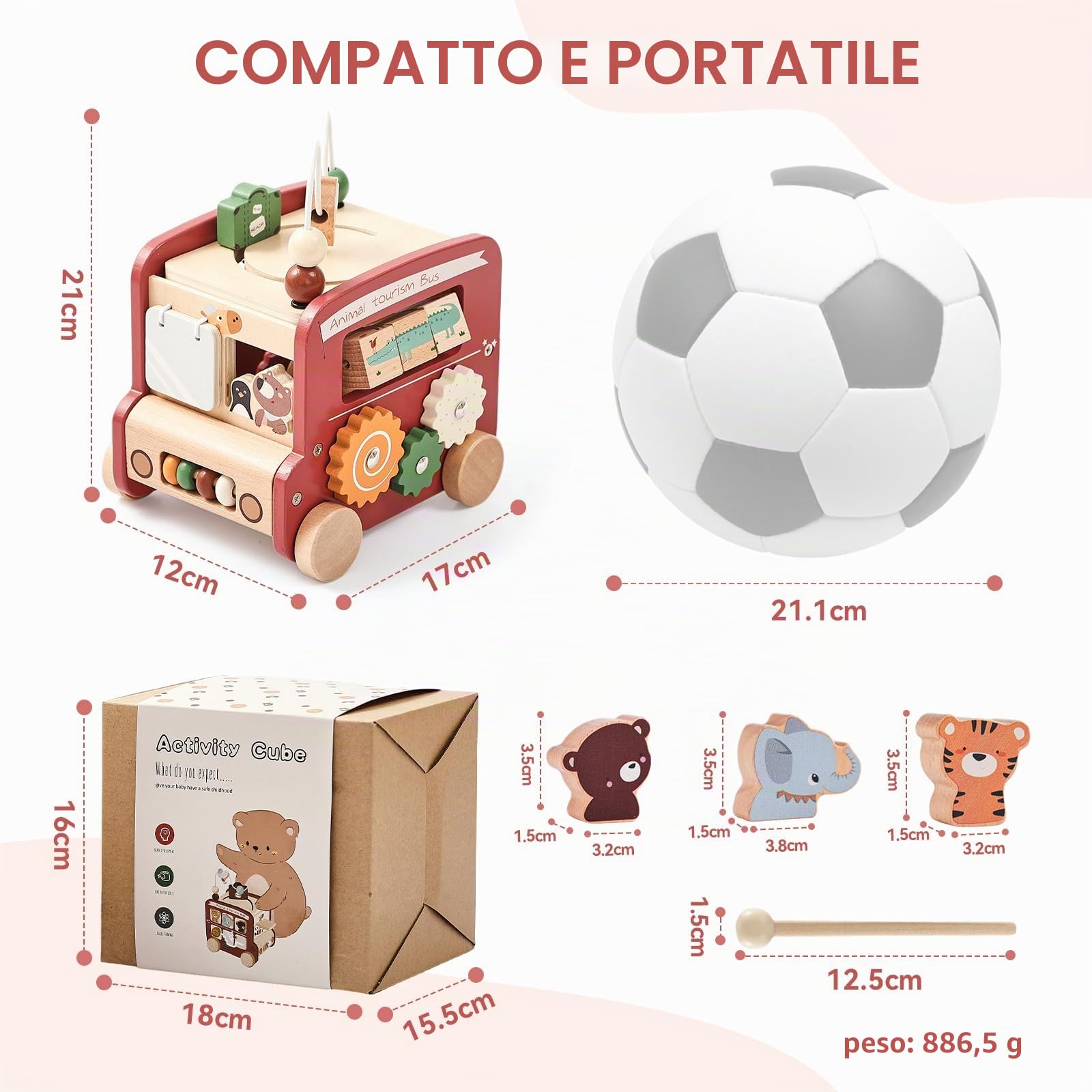 OESSUFGiocattolo Motore Montessori per Bambini a Partire da 1 Anno, 9 in 1 Bus per 12+ Mesi, Giocattolo in Legno da Attività per Bambini a Partire da 1 Regalo per Ragazze