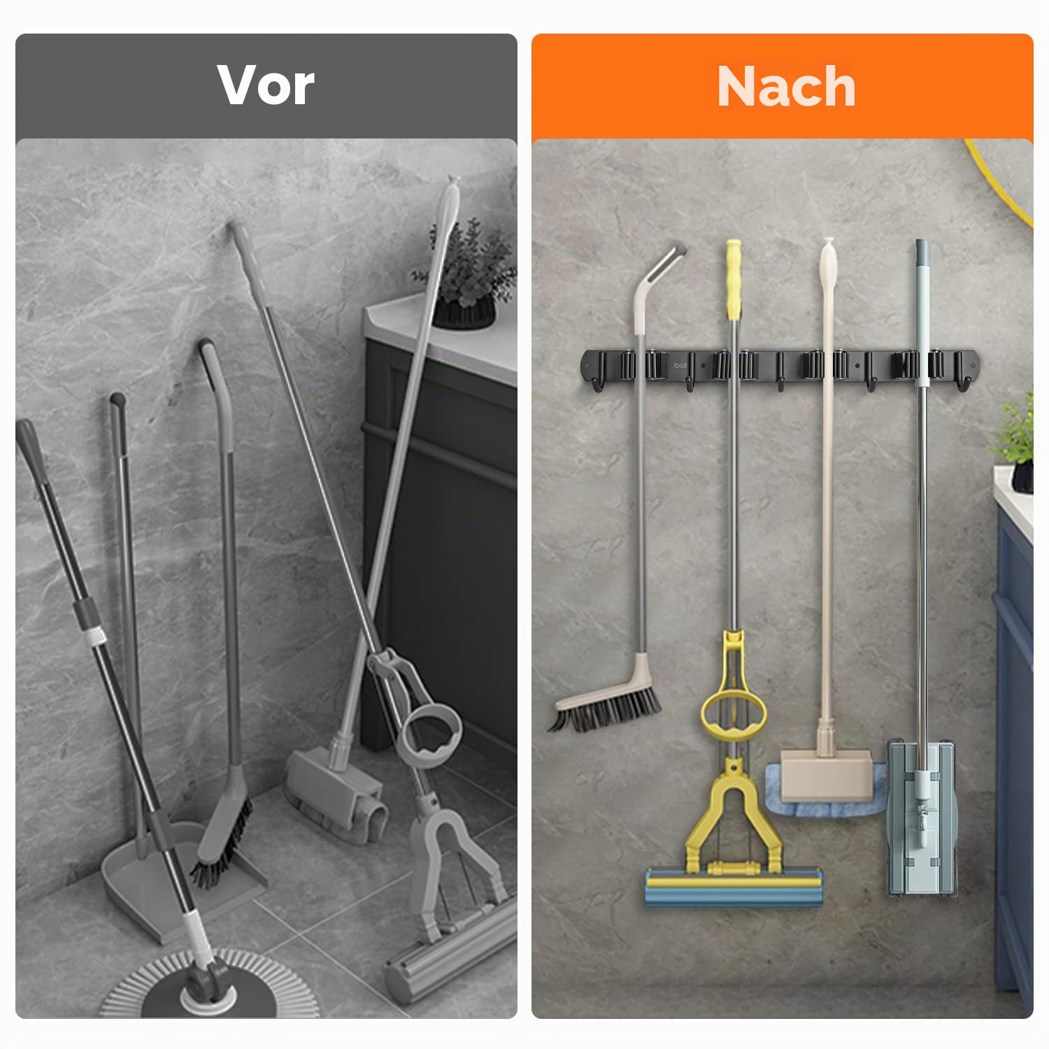 ibell 2 Stück Besenhalterung Wand, 8 Halter + 10 Haken Gerätehalter Edelstahl Wandhaken Selbstklebend, Besenhalter Wandhalterung Gartengerätehalter mit Schrauben, Schwarz Werkzeughalter für Garage