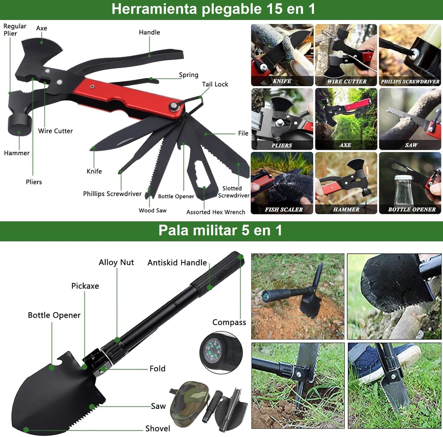 Kit de supervivencia para primeros auxilios con Hacha de Martillo Multifuncional 28 articulos distintos, Kit de Emergencia para Viajar Caminar Acampada Montaña